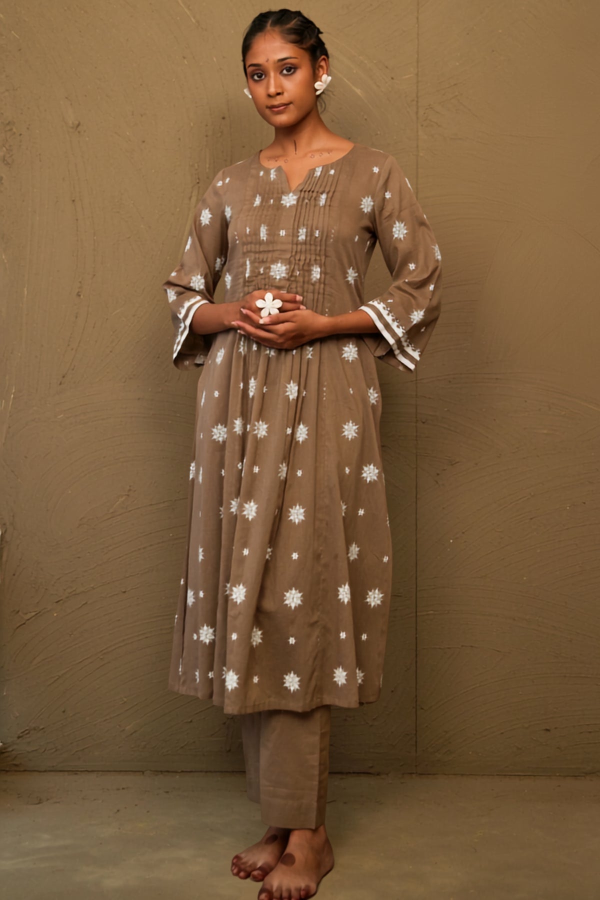 Gerua Brown Mul Cotton Pin Tucks Kurta Set