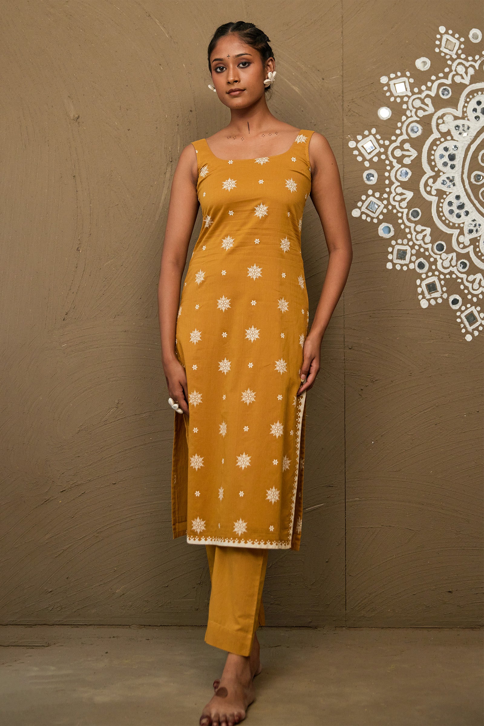 Urvi Ochre Cotton Sleeveless Kurta Only