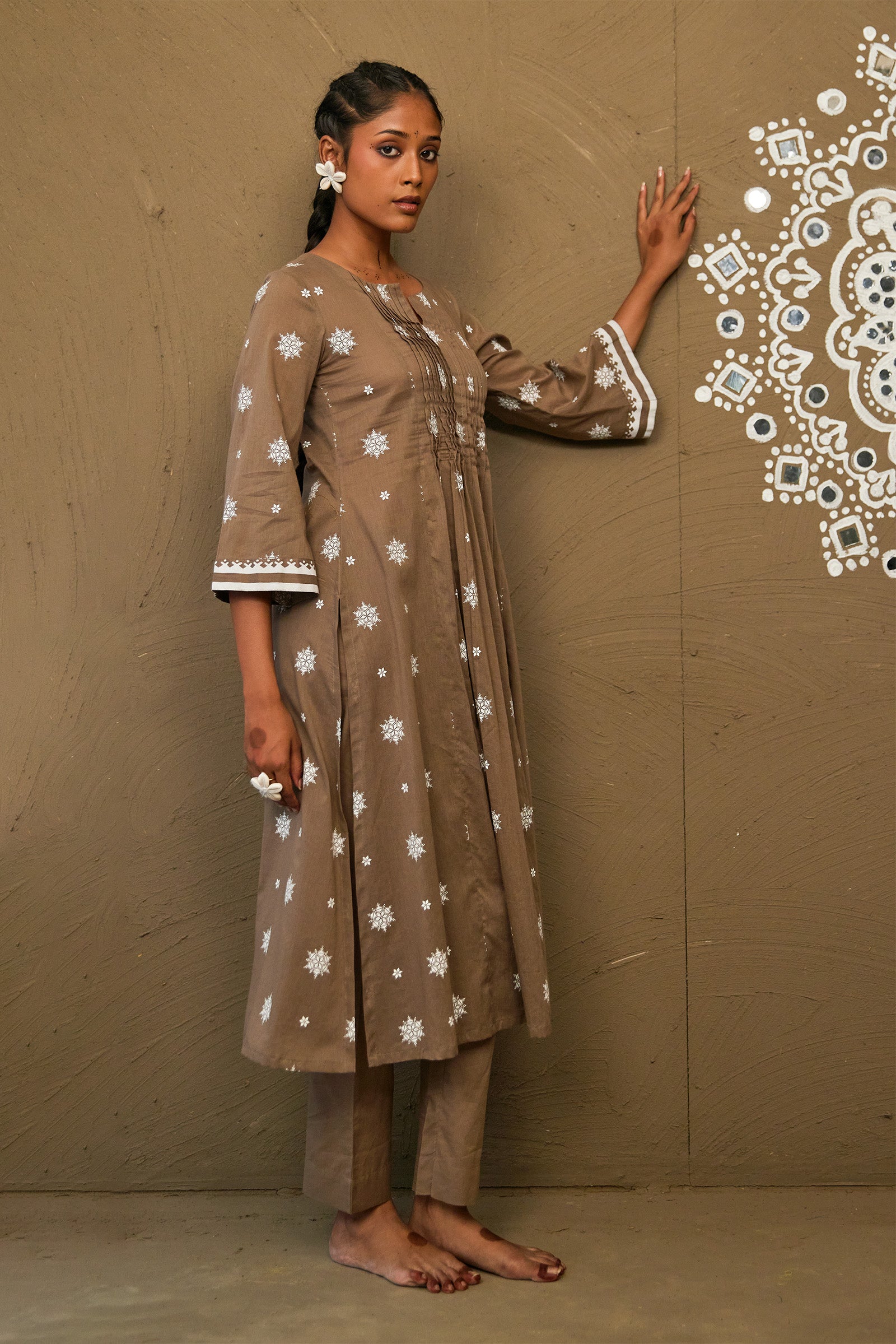 Gerua Brown Mul Cotton Pin Tucks Kurta Only