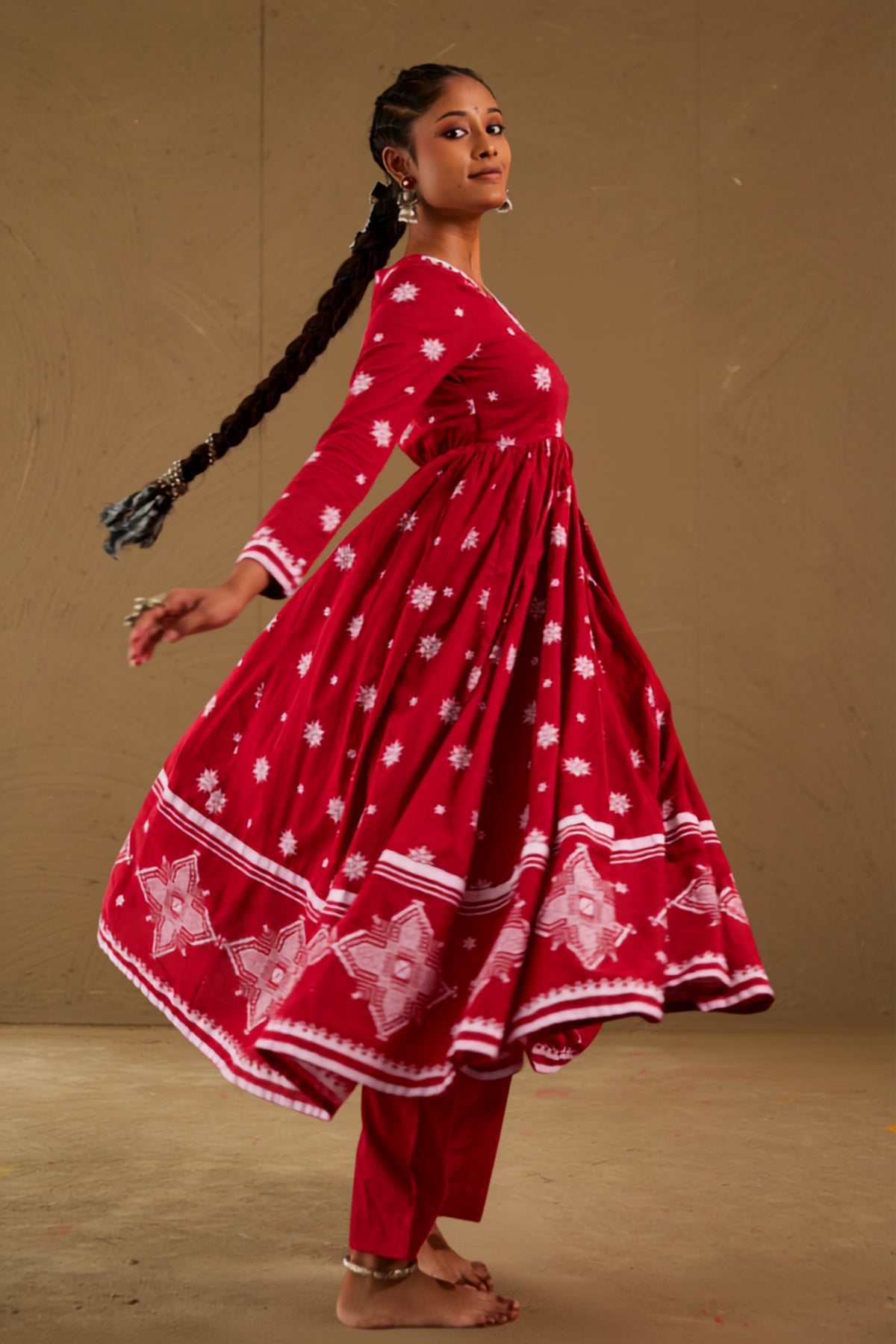 Roli Red Mul Cotton V Neck Anarkali Set