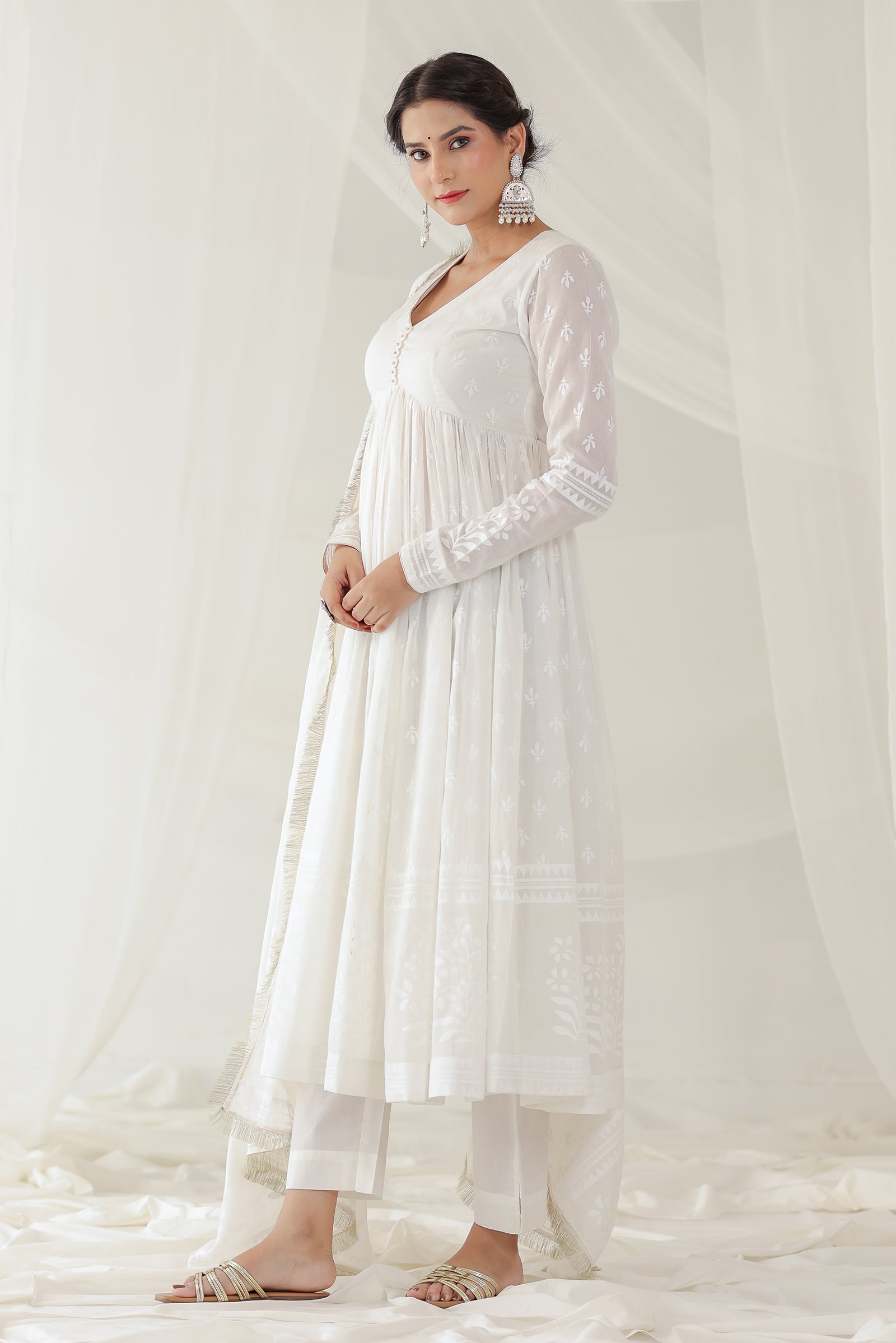 Khwabeeda All White Full Sleeves Anarkali Set