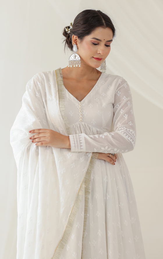 Khwabeeda All White Full Sleeves Anarkali Set