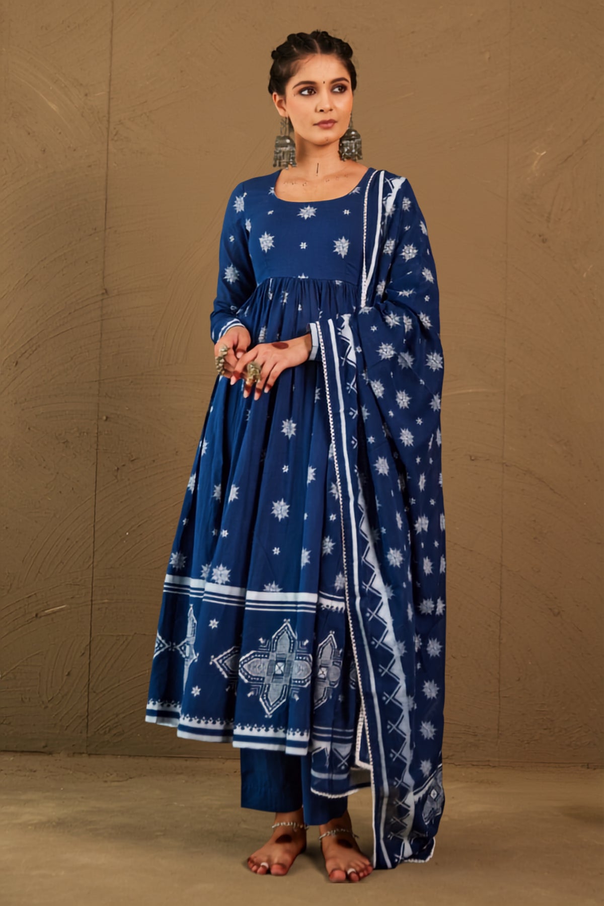 Abira Blue Mul Cotton Round Neck Anarkali Set