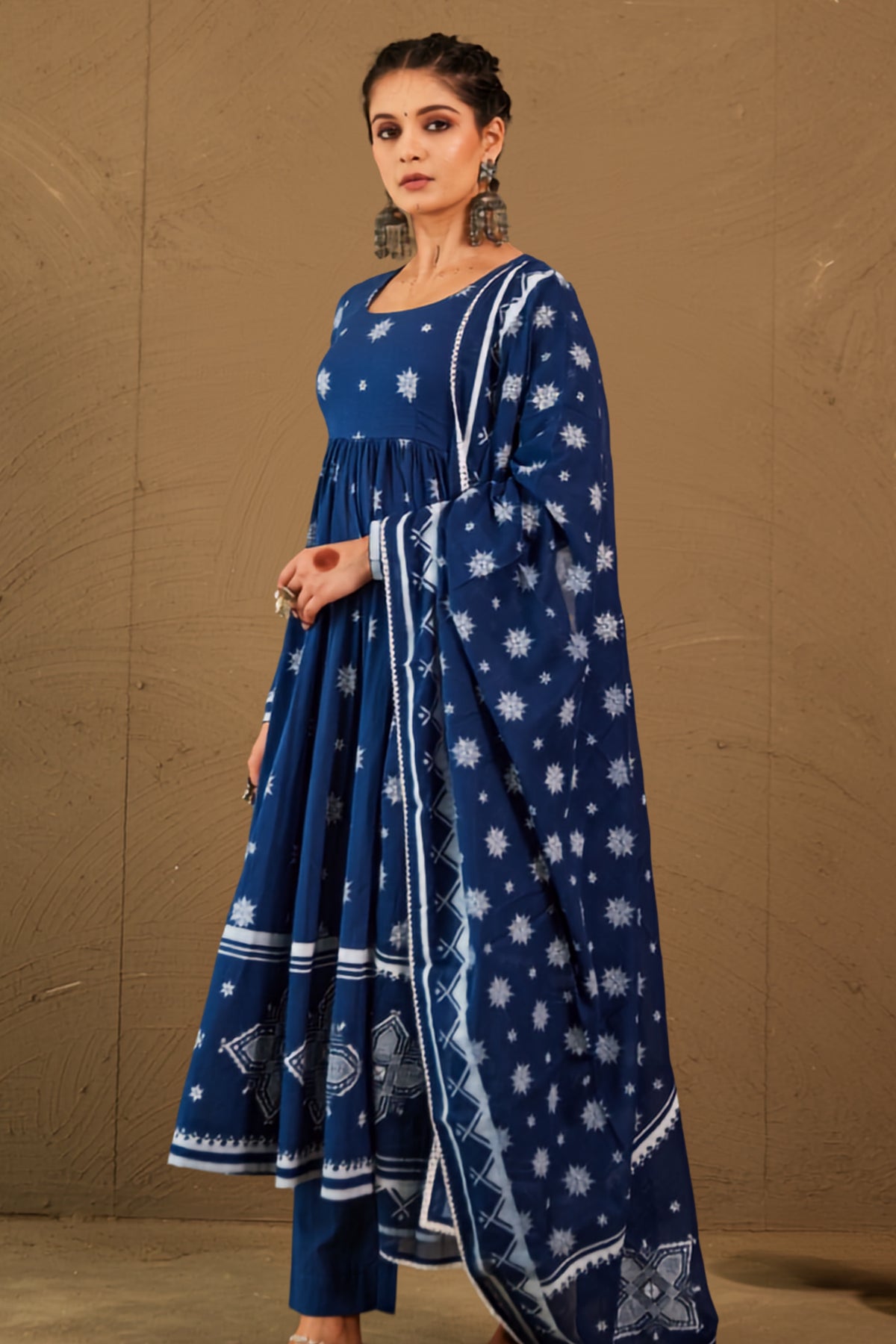 Abira Blue Mul Cotton Round Neck Anarkali Set