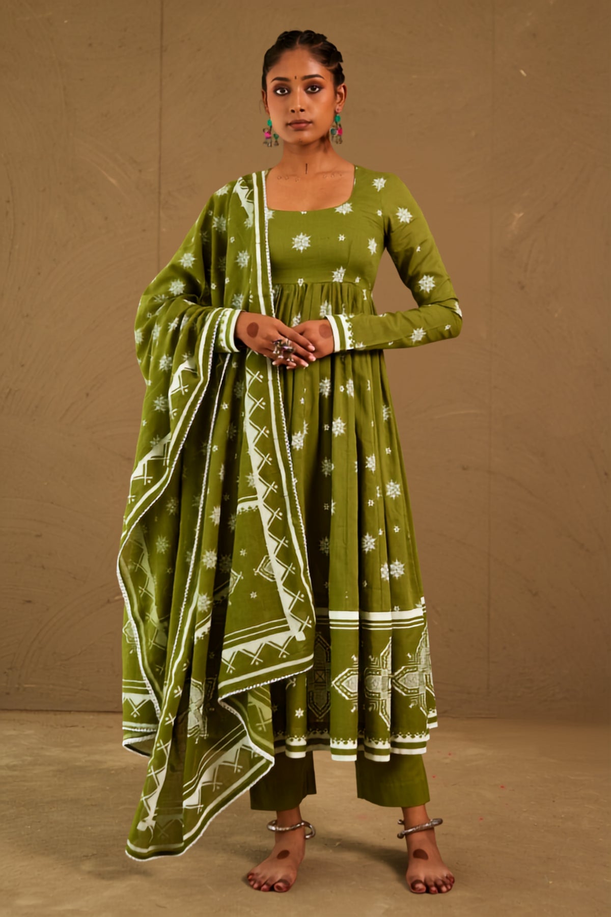 Mehendi Green Mul Cotton Round Neck Anarkali Set