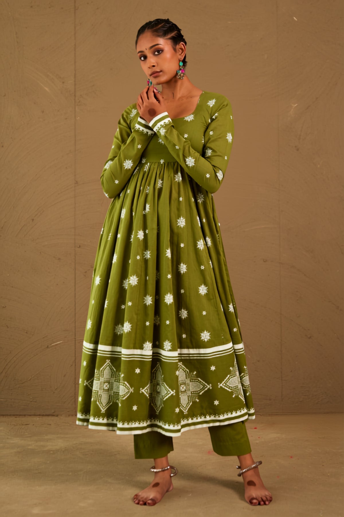 Mehendi Green Mul Cotton Round Neck Anarkali Set