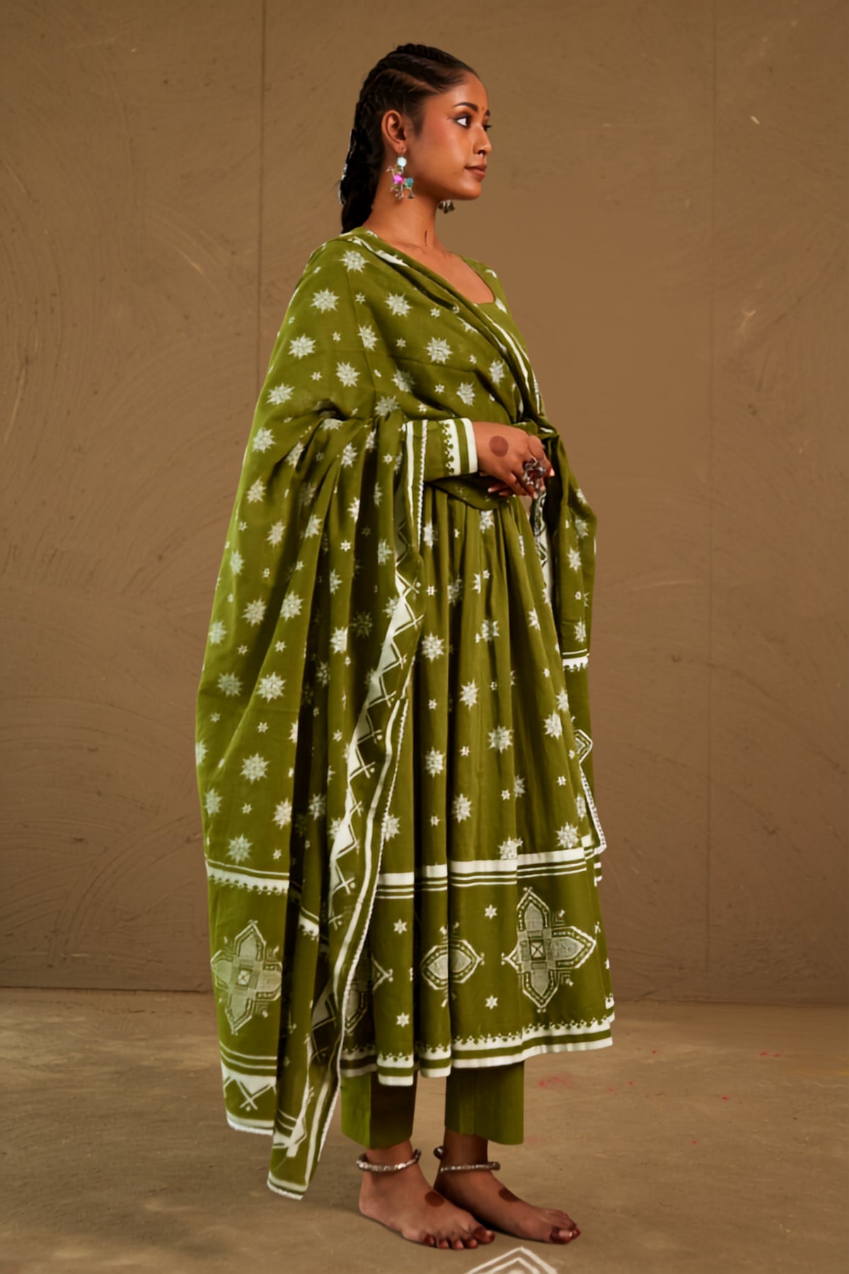 Mehendi Green Mul Cotton Round Neck Anarkali Set