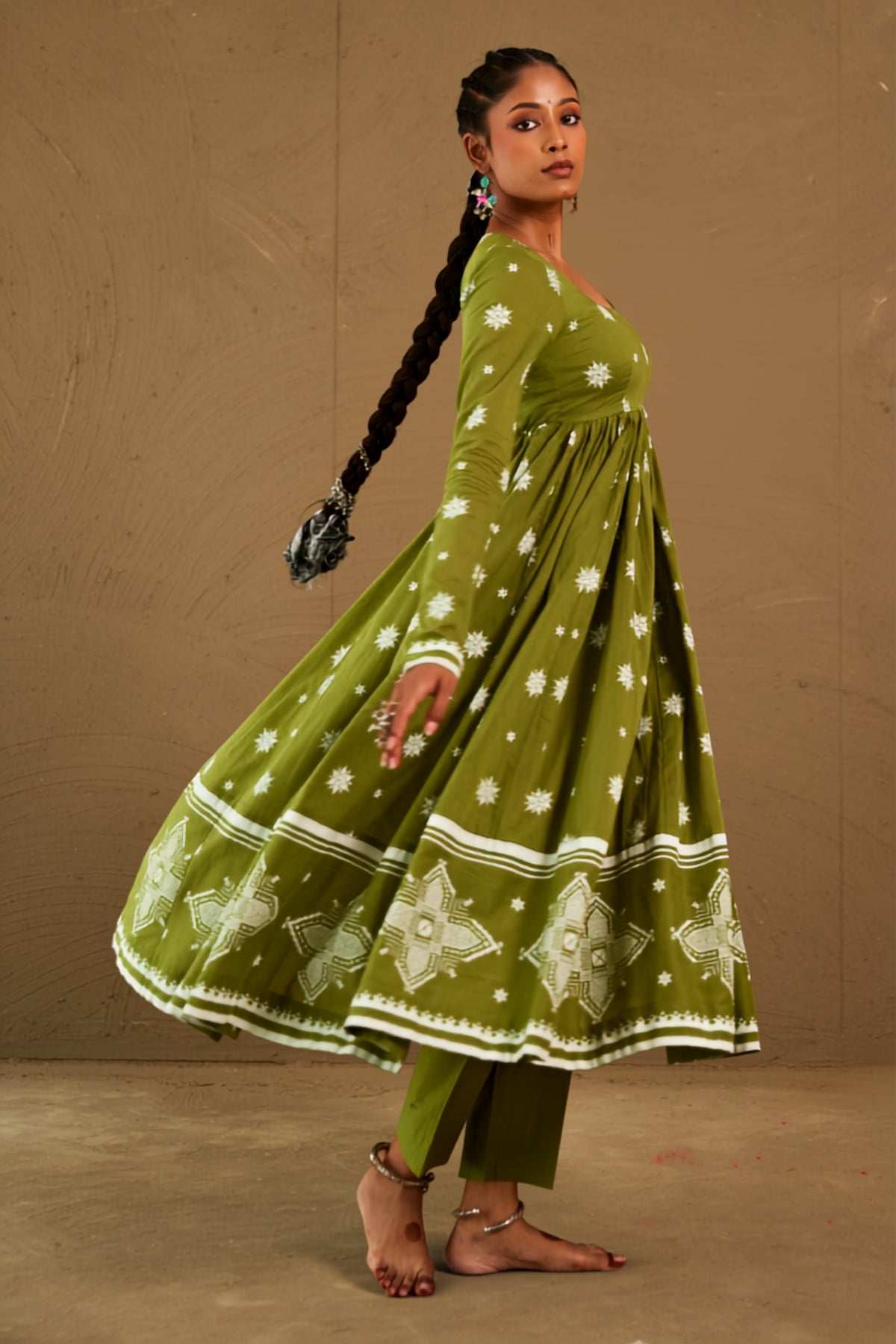 Mehendi Green Mul Cotton Round Neck Anarkali Set