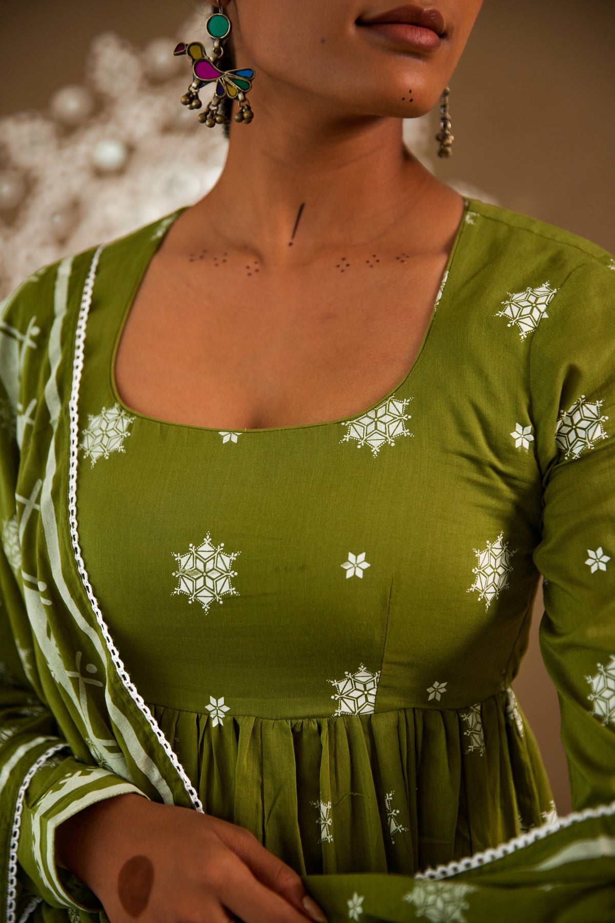 Mehendi Green Mul Cotton Round Neck Anarkali Set