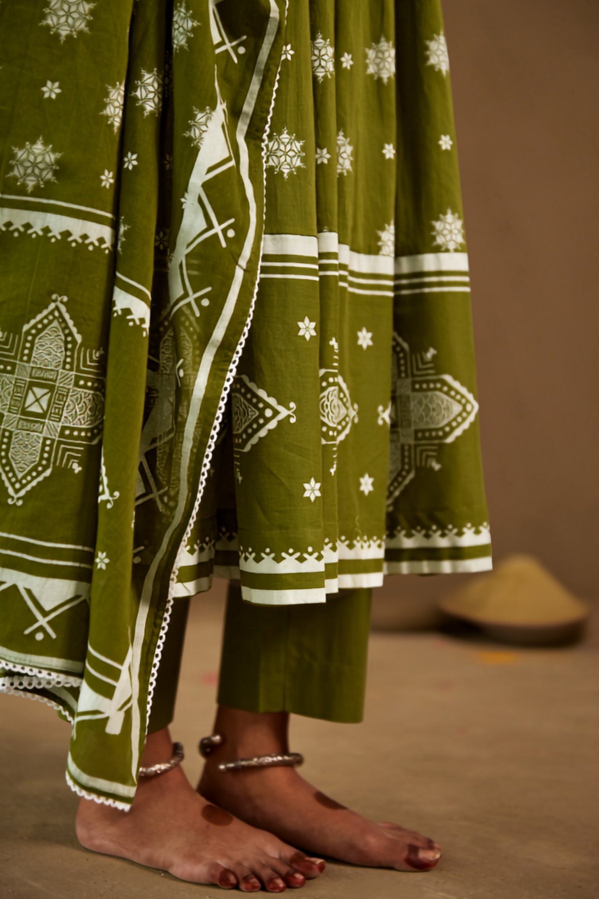 Mehendi Green Mul Cotton Round Neck Anarkali Set