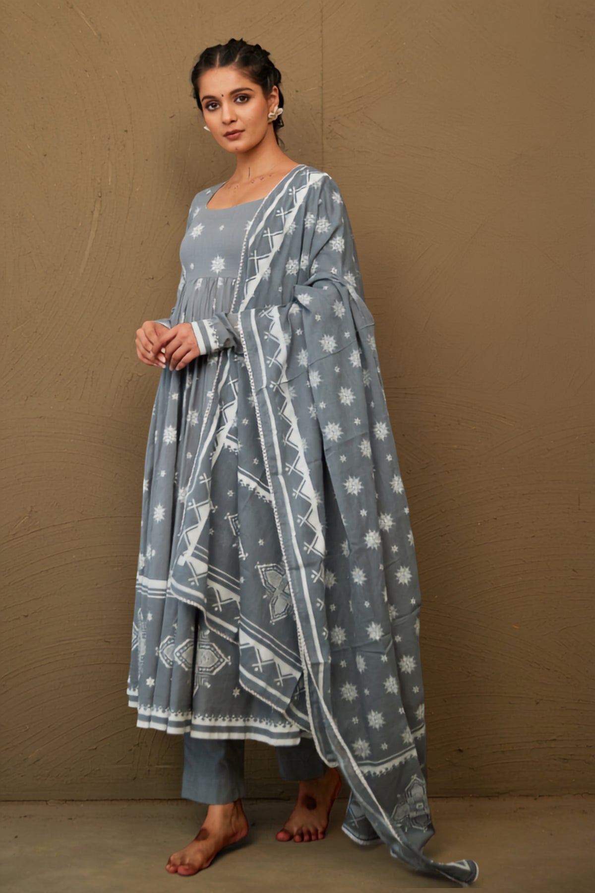 Akshi Grey Mul Cotton Round Neck Anarkali Set
