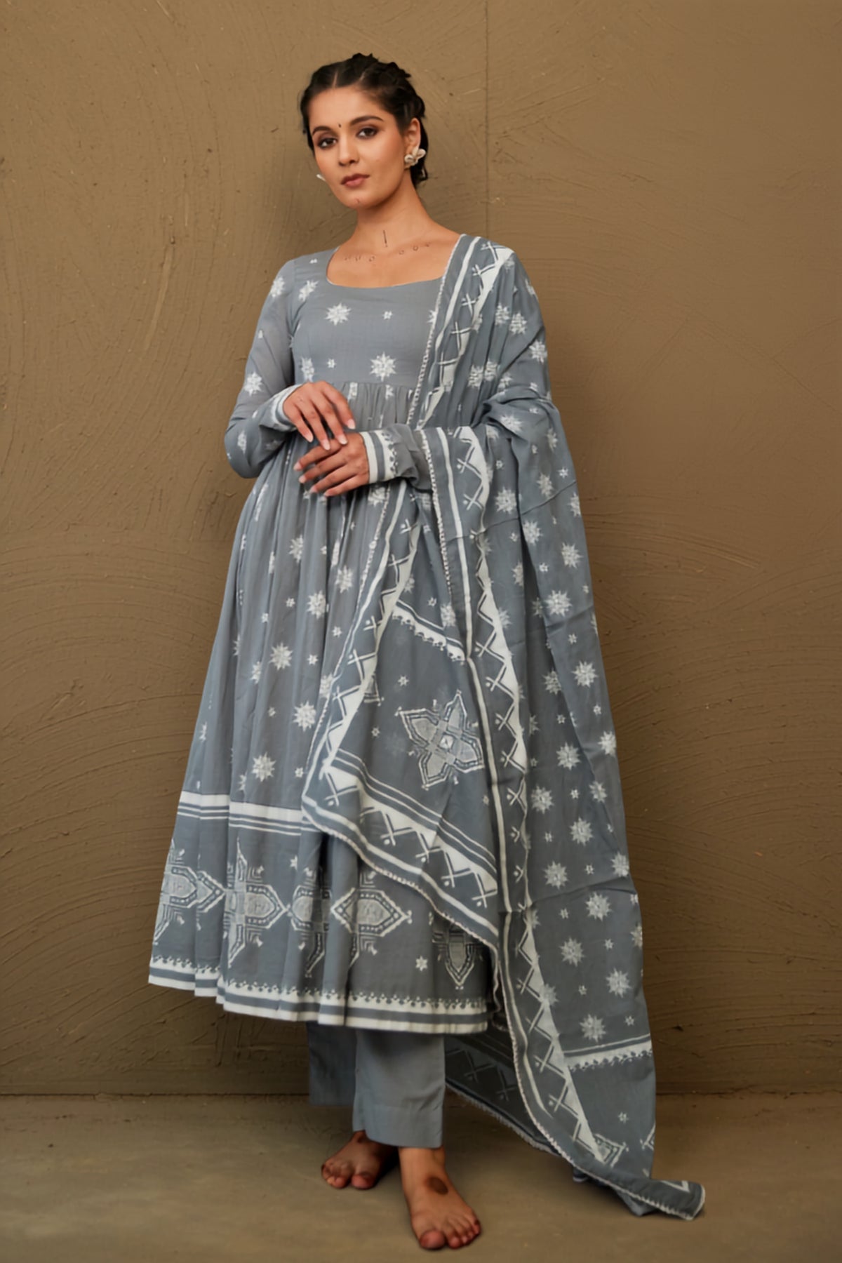 Akshi Grey Mul Cotton Round Neck Anarkali Set
