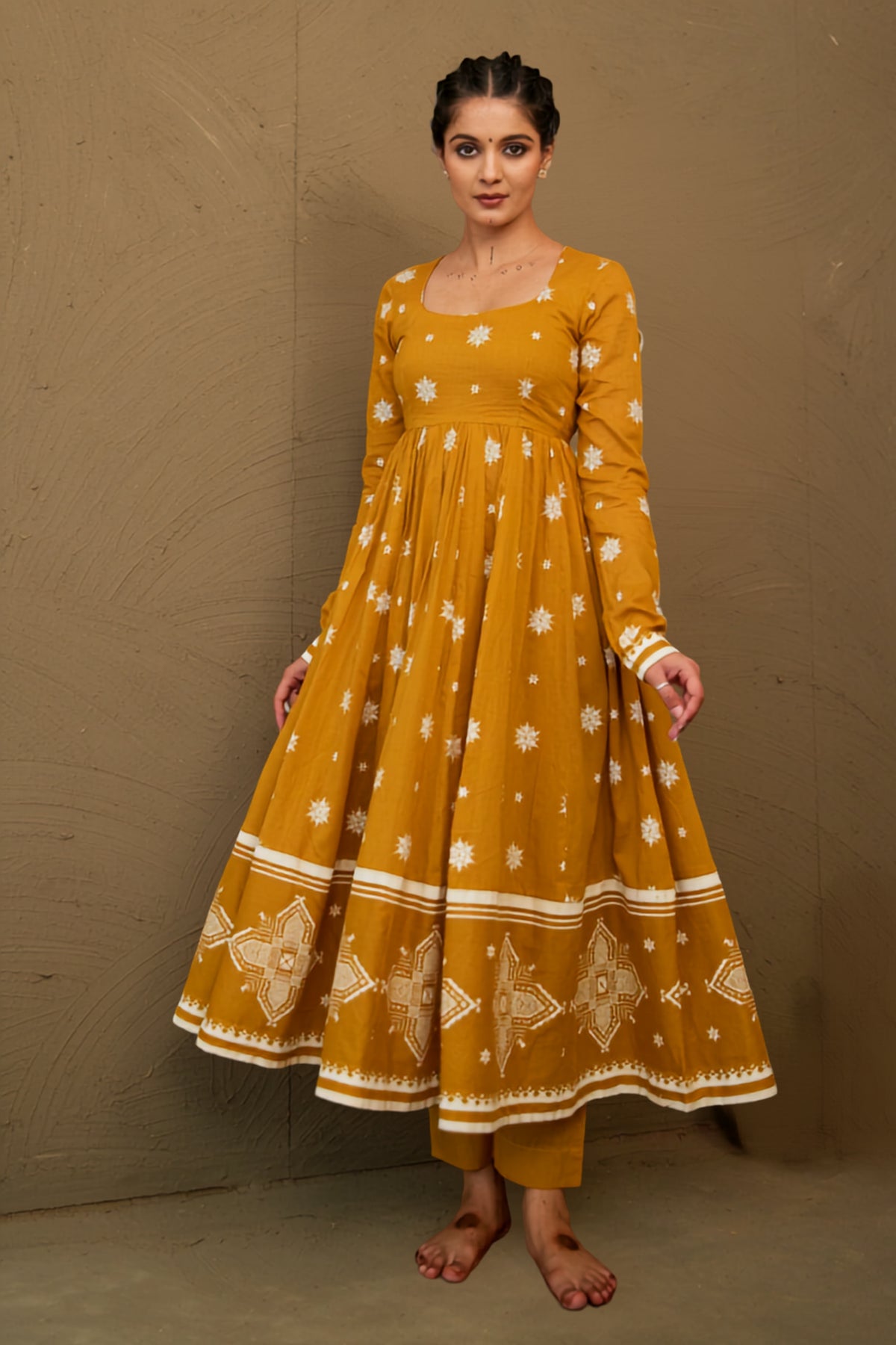Amba Ochre Mul Cotton Round Neck Anarkali Set