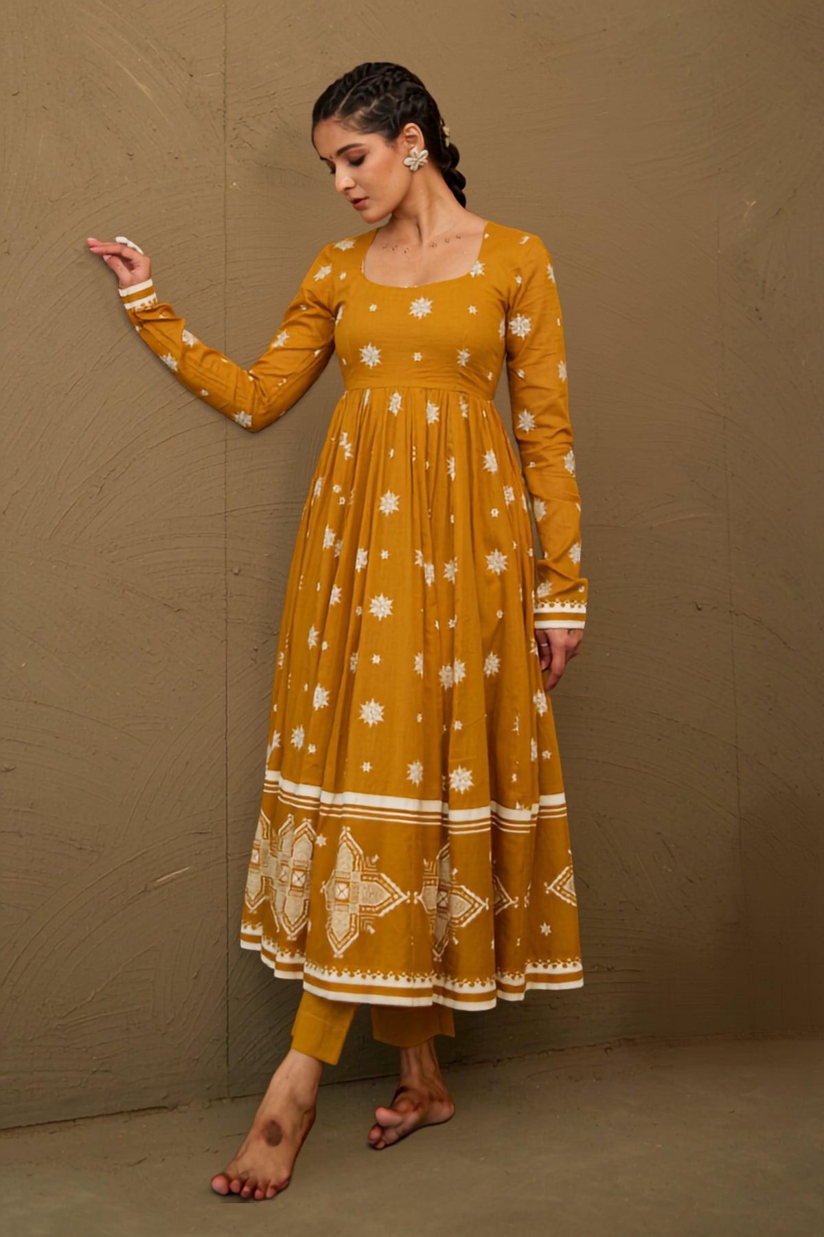 Amba Ochre Mul Cotton Round Neck Anarkali Set