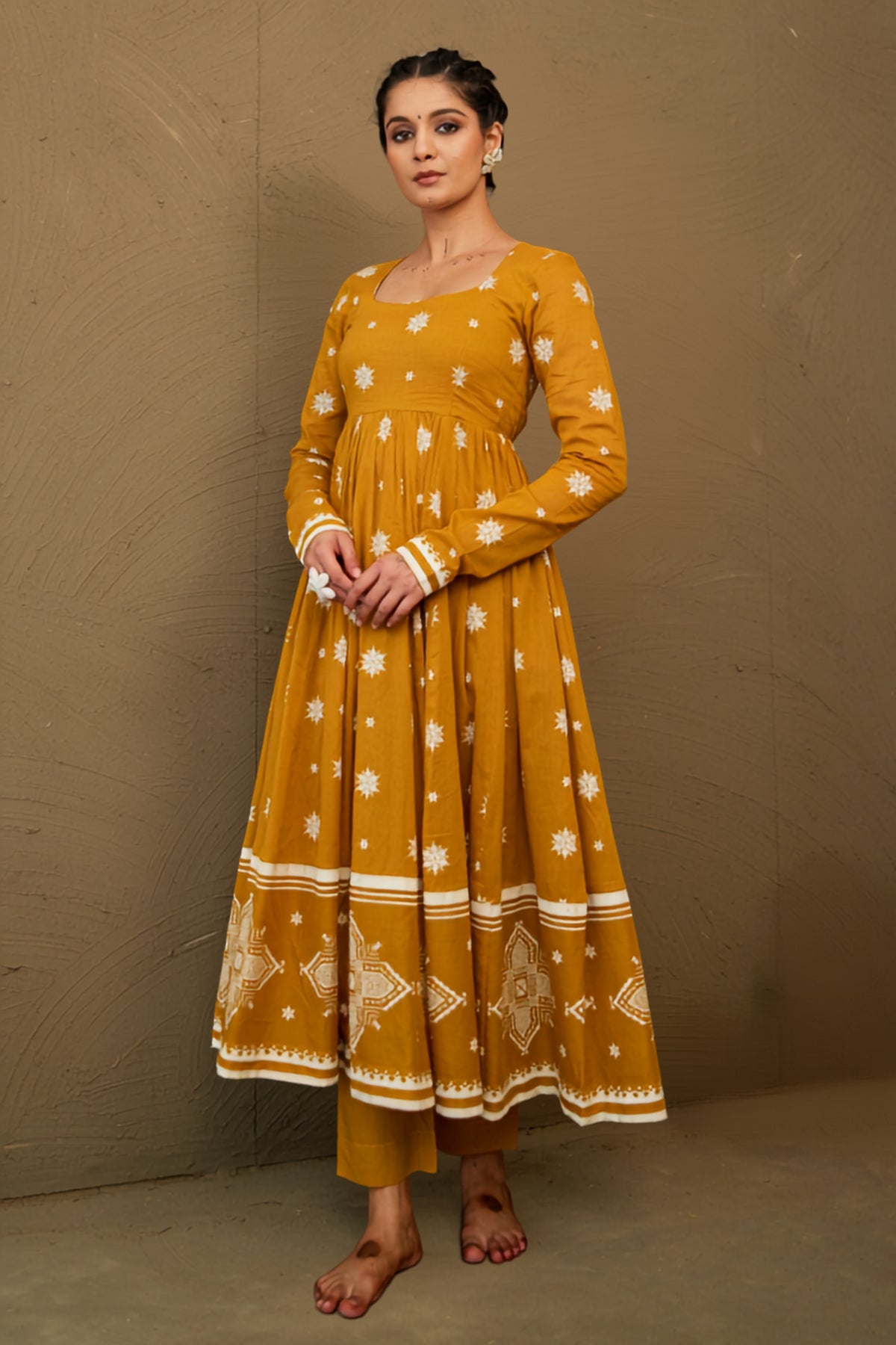 Amba Ochre Mul Cotton Round Neck Anarkali Set