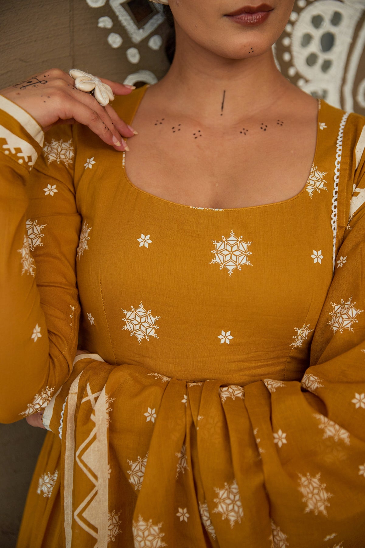 Amba Ochre Mul Cotton Round Neck Anarkali Set