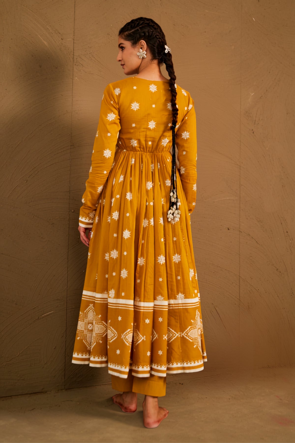 Amba Ochre Mul Cotton Round Neck Anarkali Set