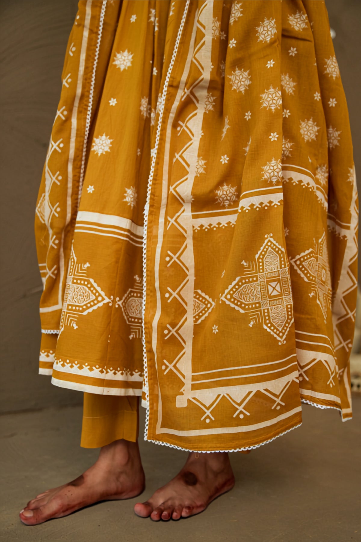 Amba Ochre Mul Cotton Round Neck Anarkali Set