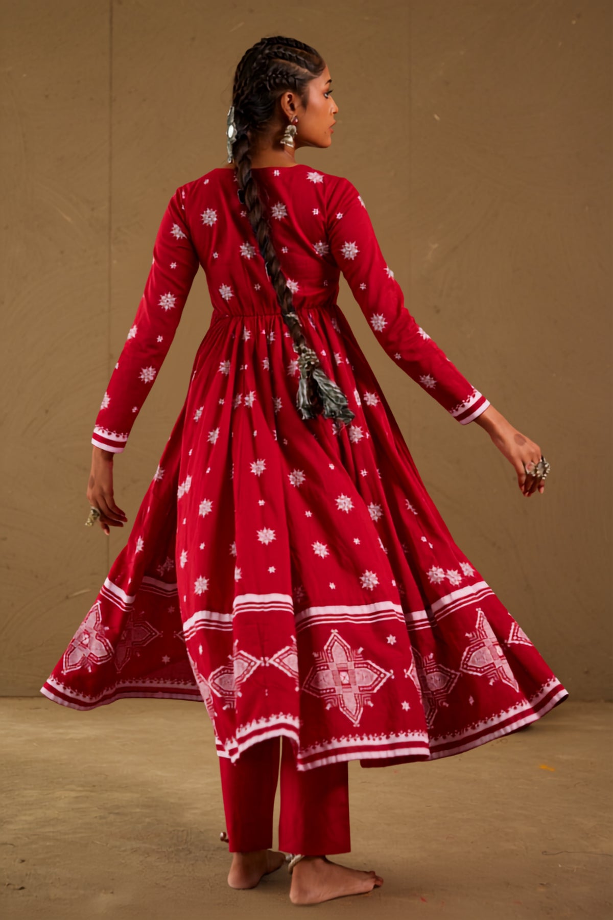 Roli Red Mul Cotton V Neck Anarkali Set
