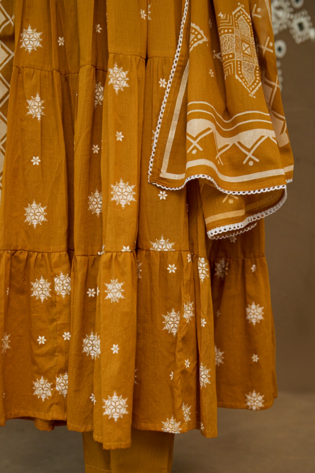 Chandan Ochre Mul Cotton Teired Anarkali Set