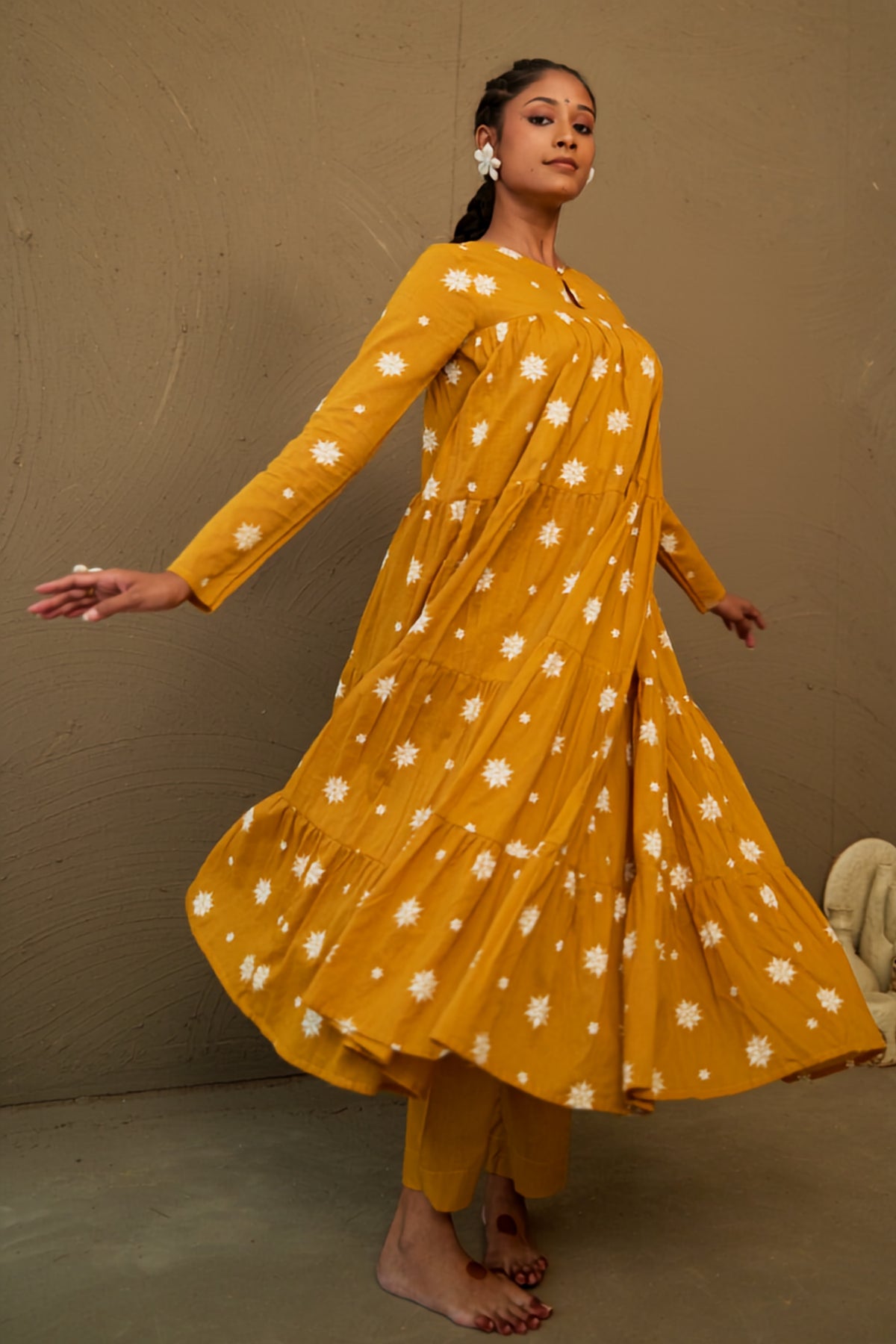 Chandan Ochre Mul Cotton Teired Anarkali Set