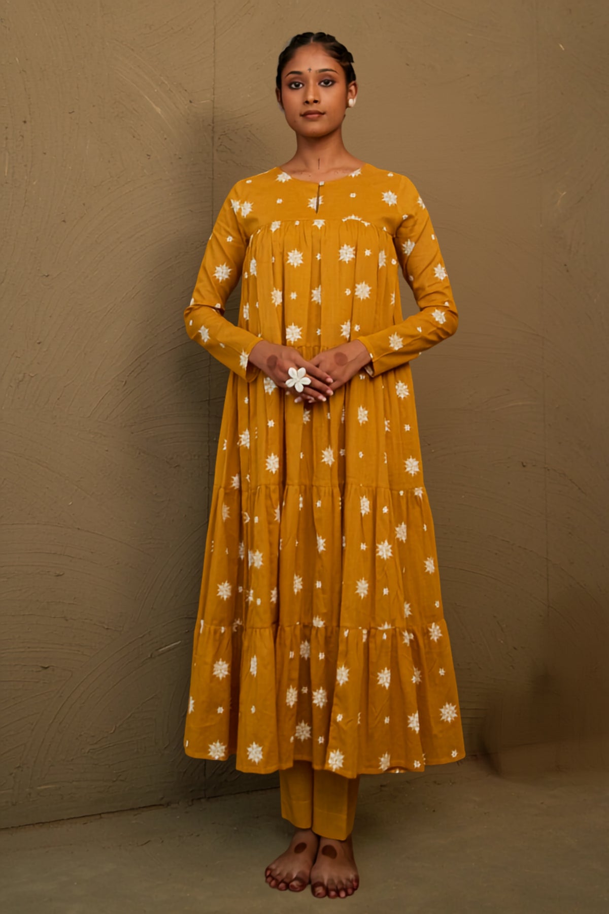 Chandan Ochre Mul Cotton Teired Anarkali Set
