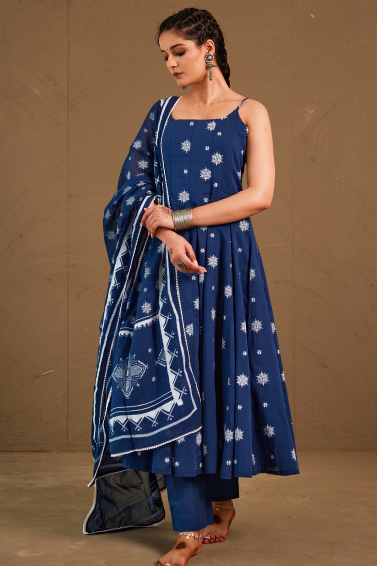 Anika Blue Mul Cotton Adjustable Strap Anarkali Set