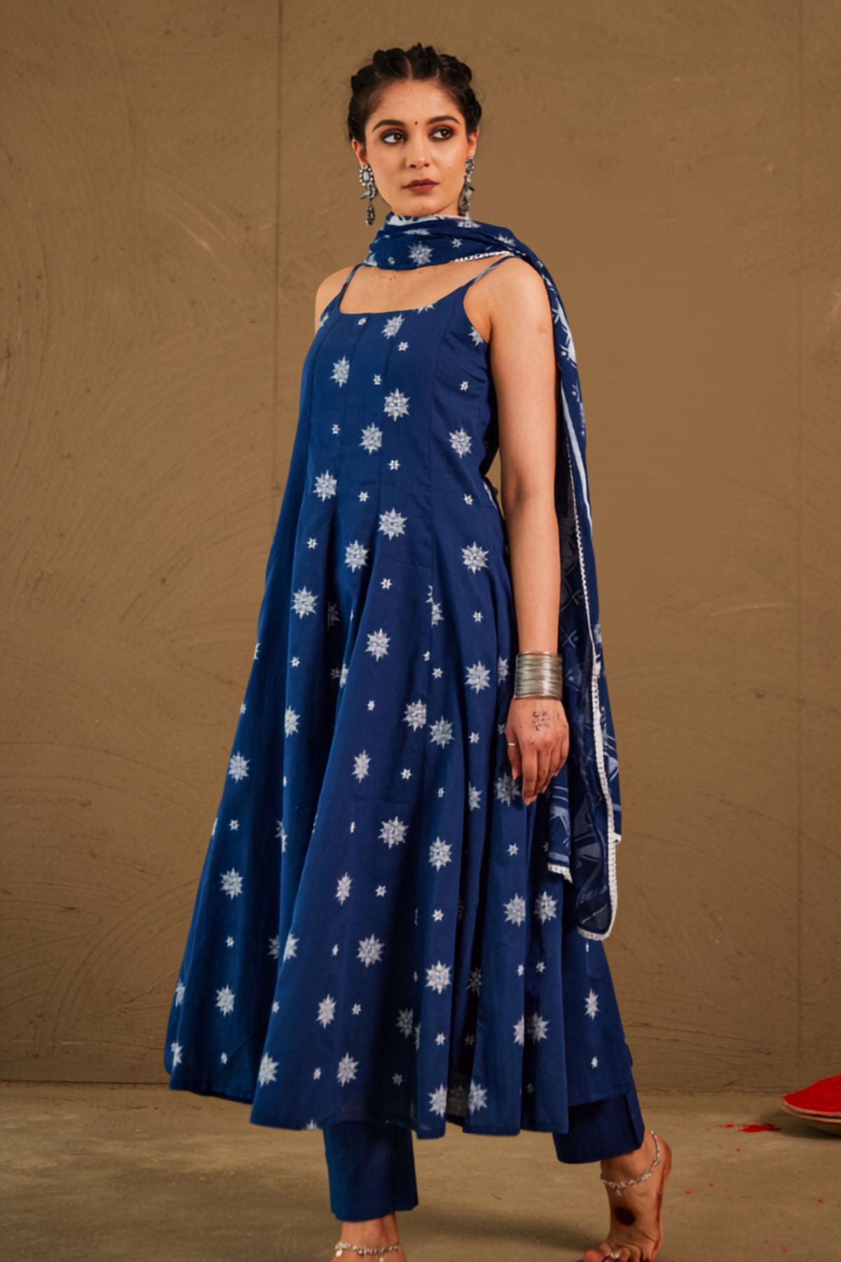 Anika Blue Mul Cotton Adjustable Strap Anarkali Set