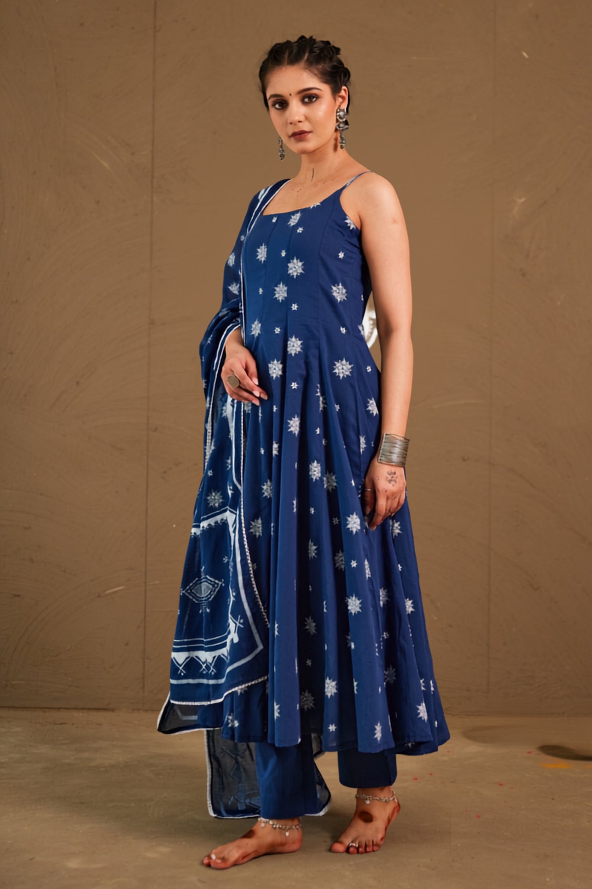 Anika Blue Mul Cotton Adjustable Strap Anarkali Set