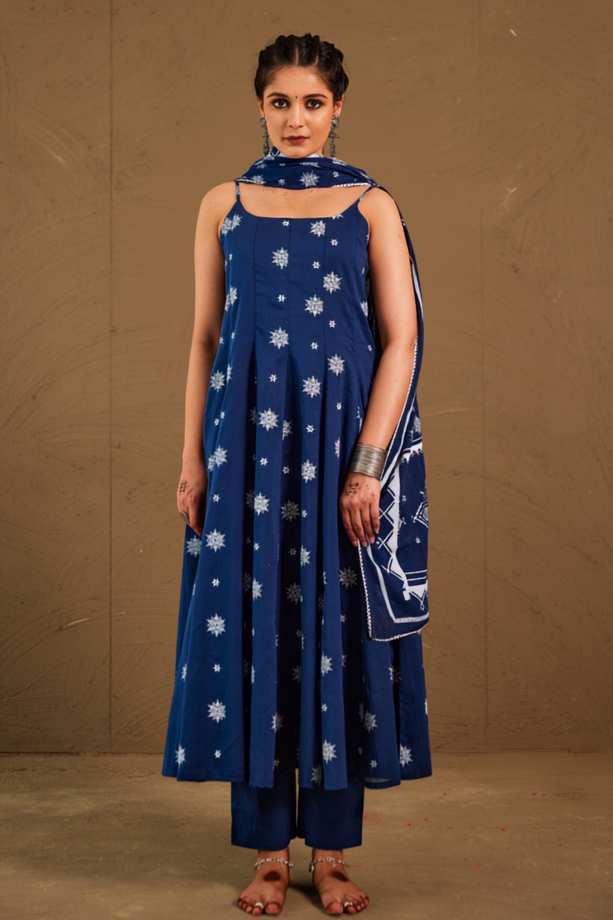 Anika Blue Mul Cotton Adjustable Strap Anarkali Set