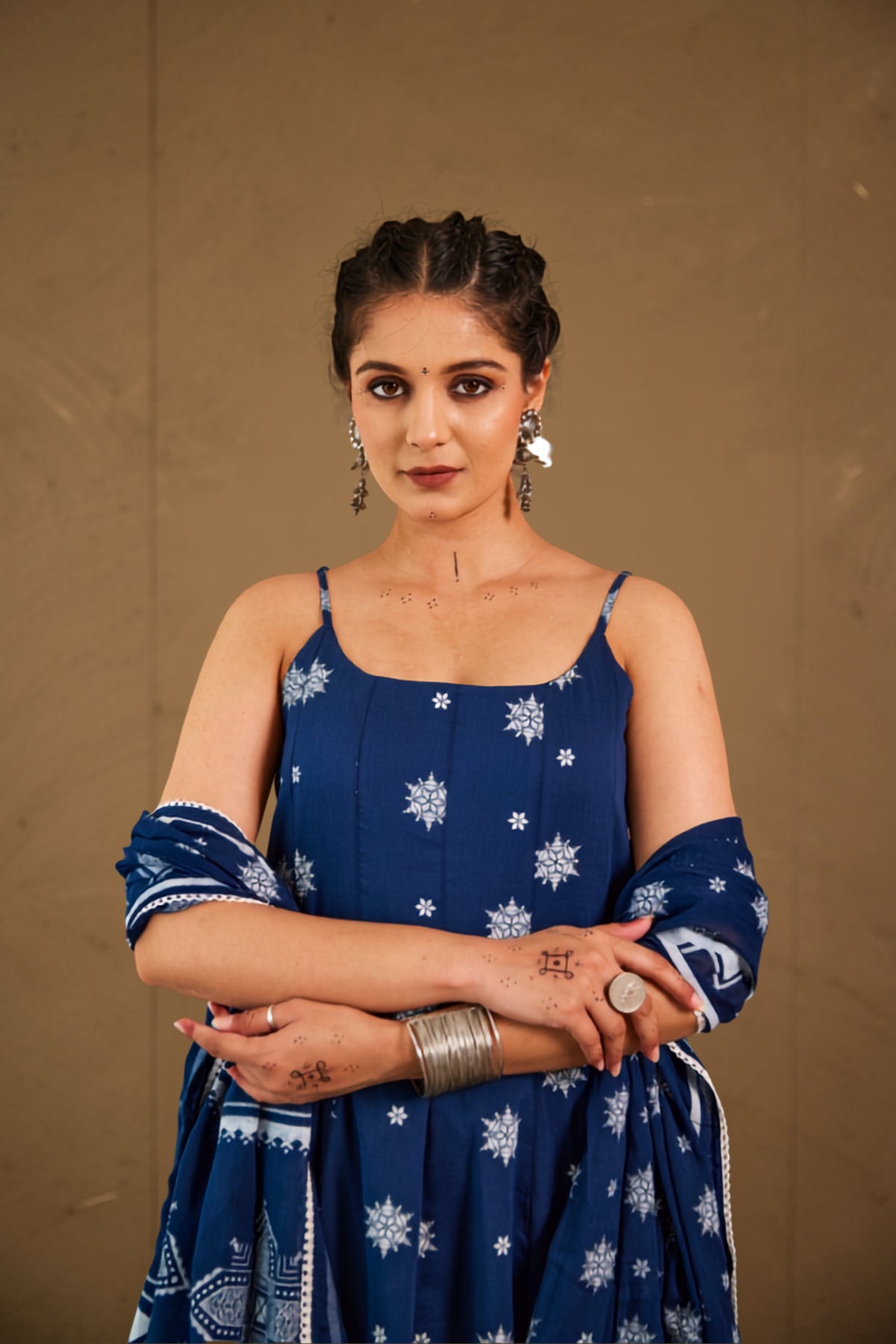 Anika Blue Mul Cotton Adjustable Strap Anarkali Set