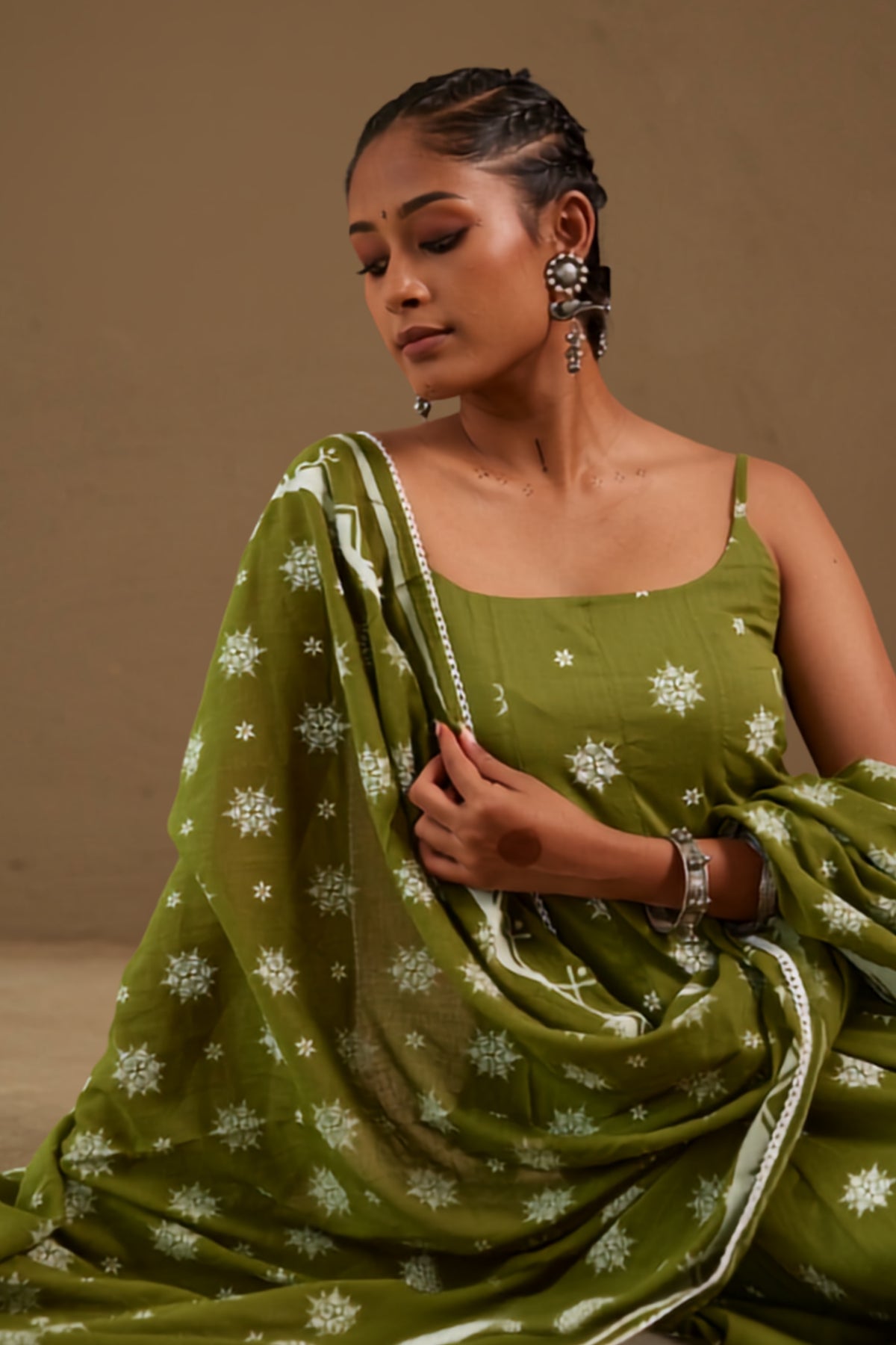 Henna Green Mul Cotton Adjustable Strap Anarkali Set
