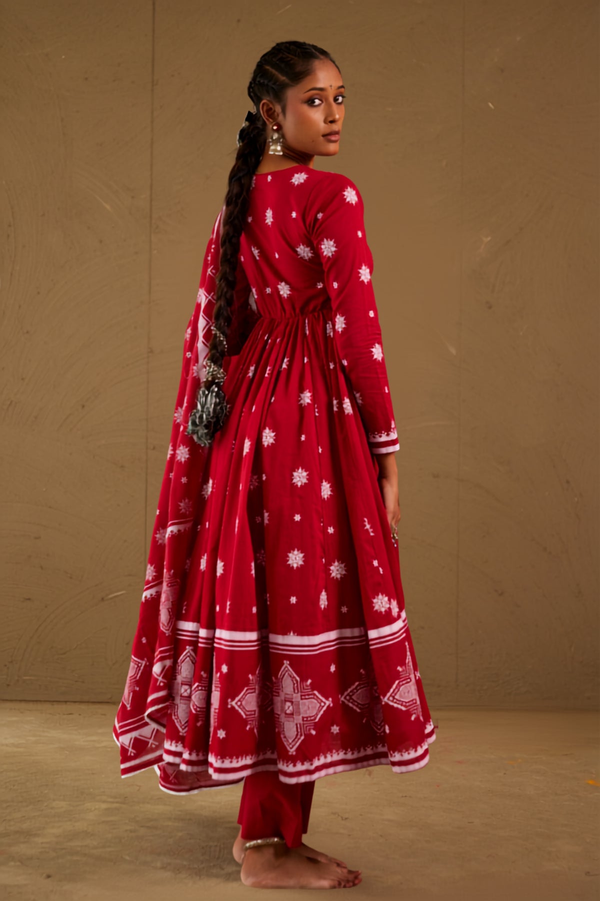 Roli Red Mul Cotton V Neck Anarkali Set