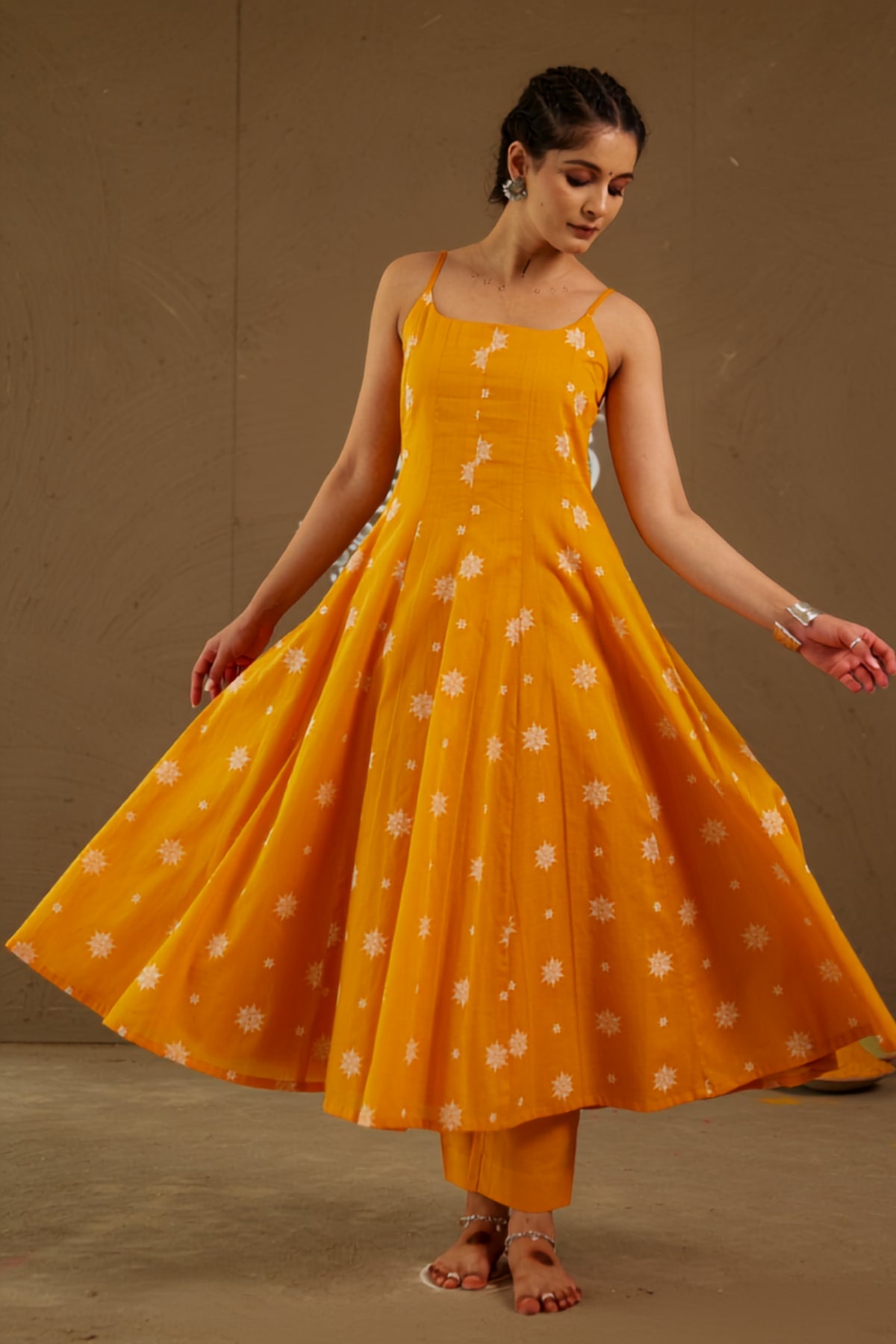 Kesar Orange Mul Cotton Adjustable Strap Anarkali Set