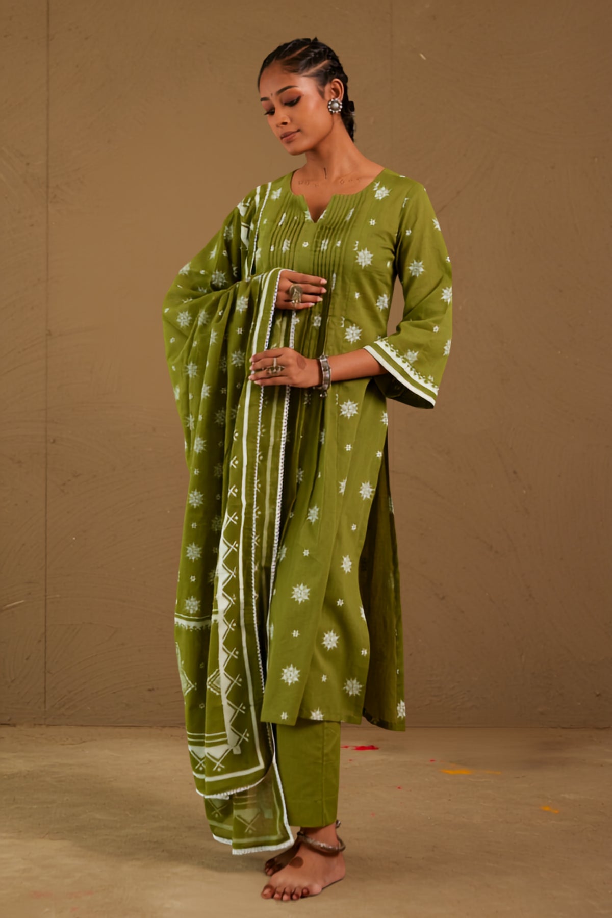 Bhakti Green Mul Cotton Pin Tucks Kurta Only