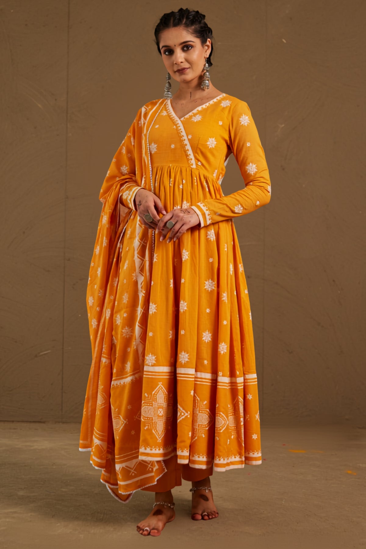 Haldi Orange Mul Cotton V neck Anarkali Set