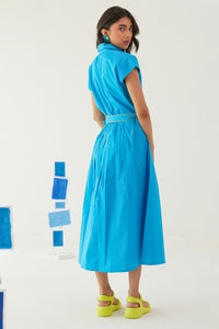 FROST BLUE POPLIN SHIRT DRESS WITH EMBROIDERED BELT