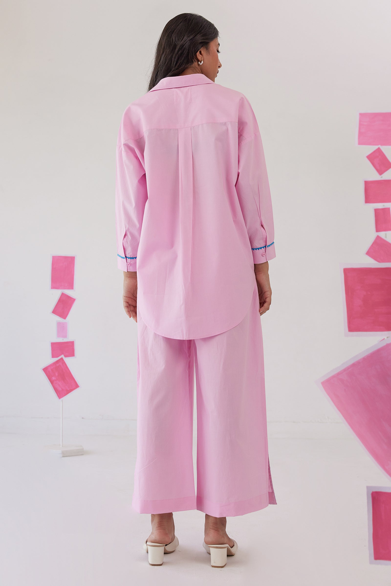 DELIGHT PINK POPLIN EMBROIEDERED SHIRT CO-ORD SET