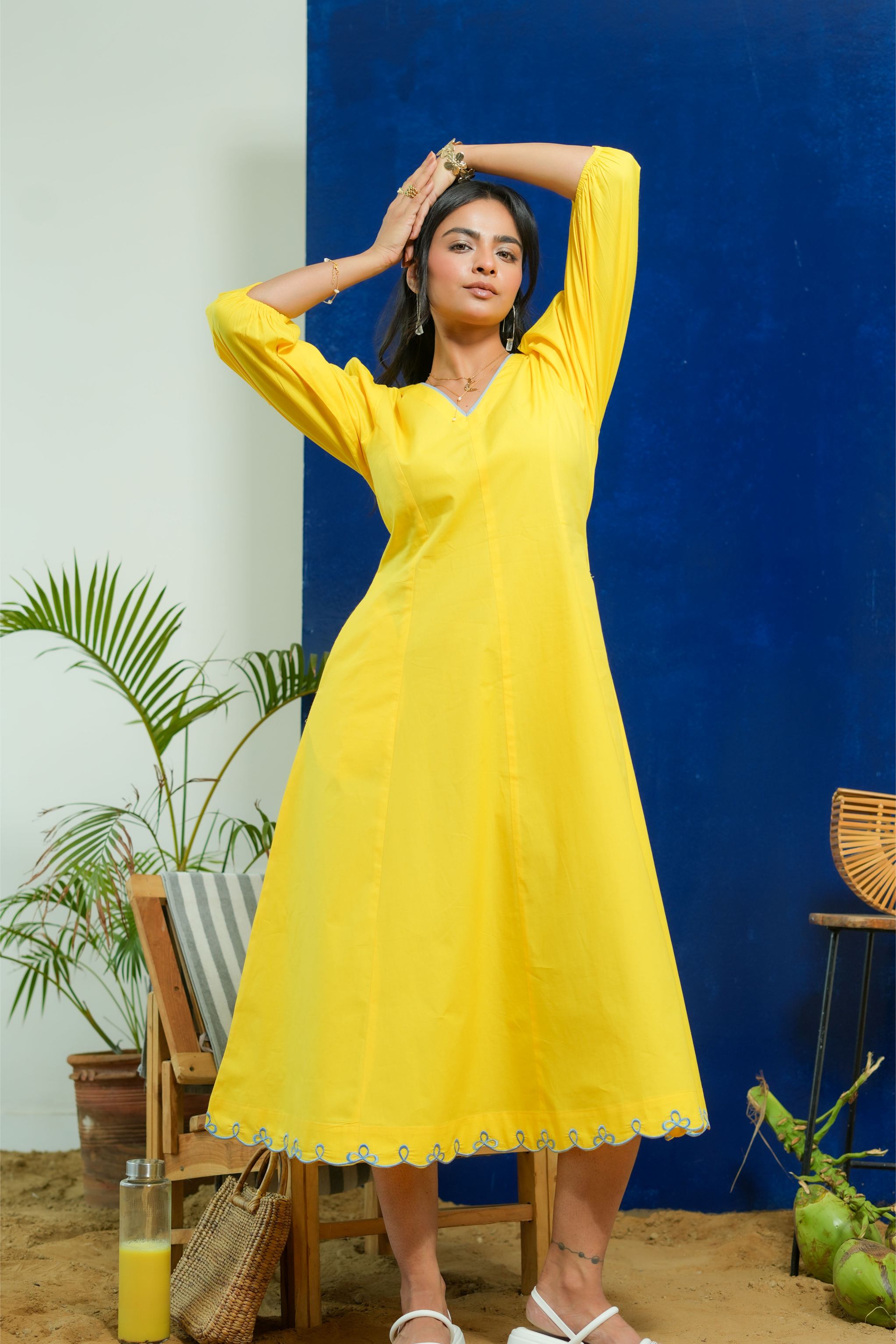 BUBBLEGUM LEMON YELLOW  POPLIN PUFF SLEEVES MIDI DRESS