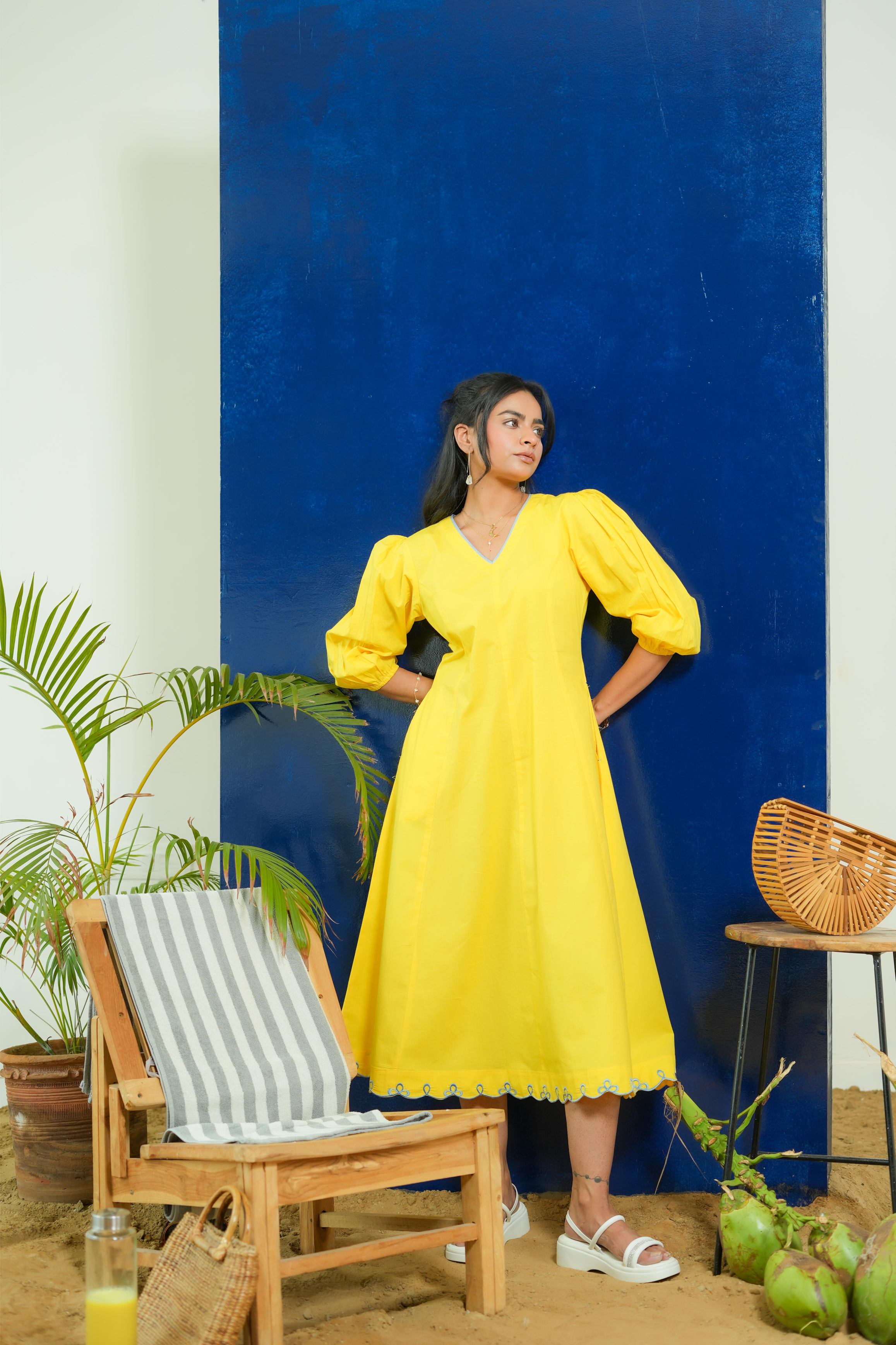 BUBBLEGUM LEMON YELLOW  POPLIN PUFF SLEEVES MIDI DRESS