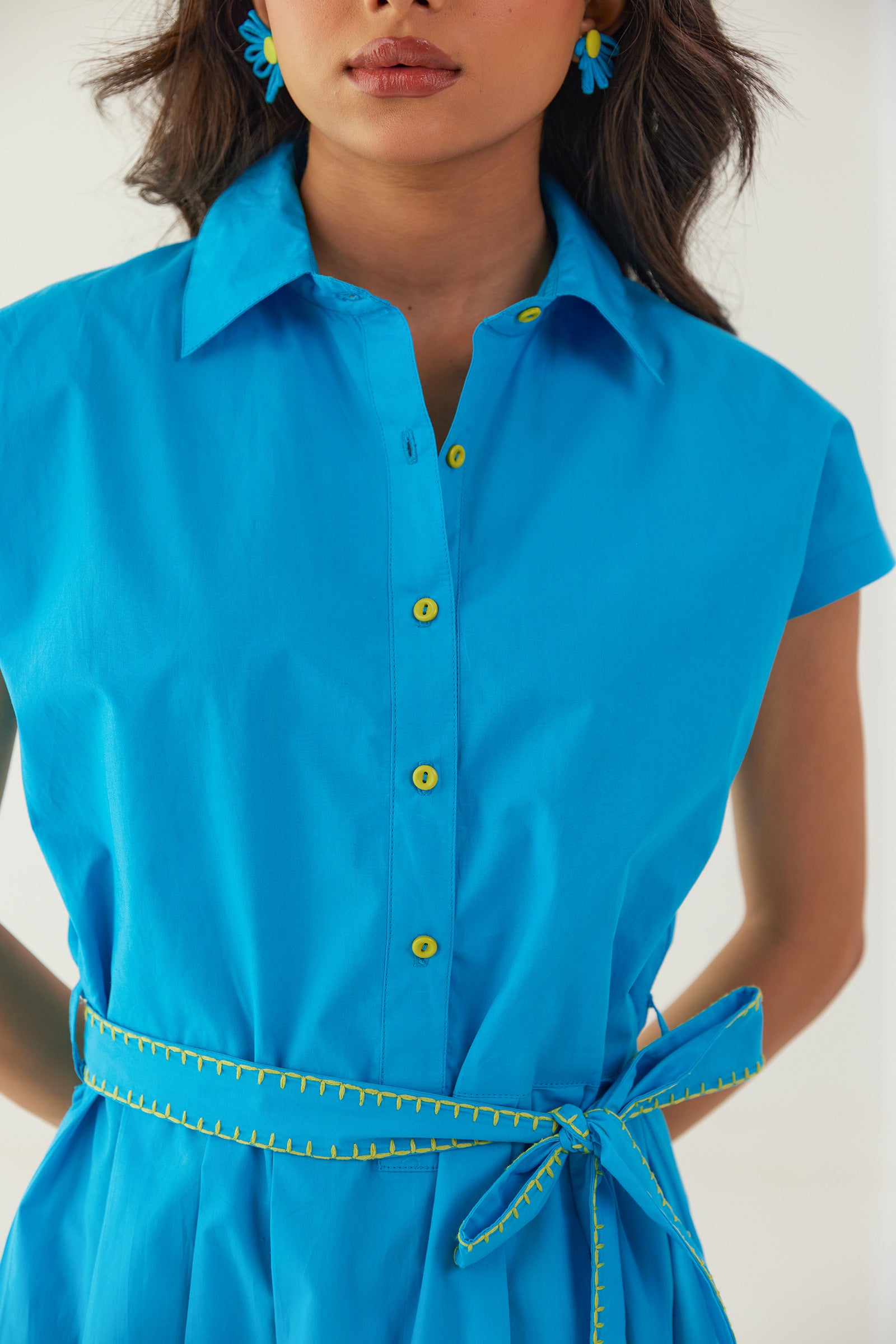 FROST BLUE POPLIN SHIRT DRESS WITH EMBROIDERED BELT