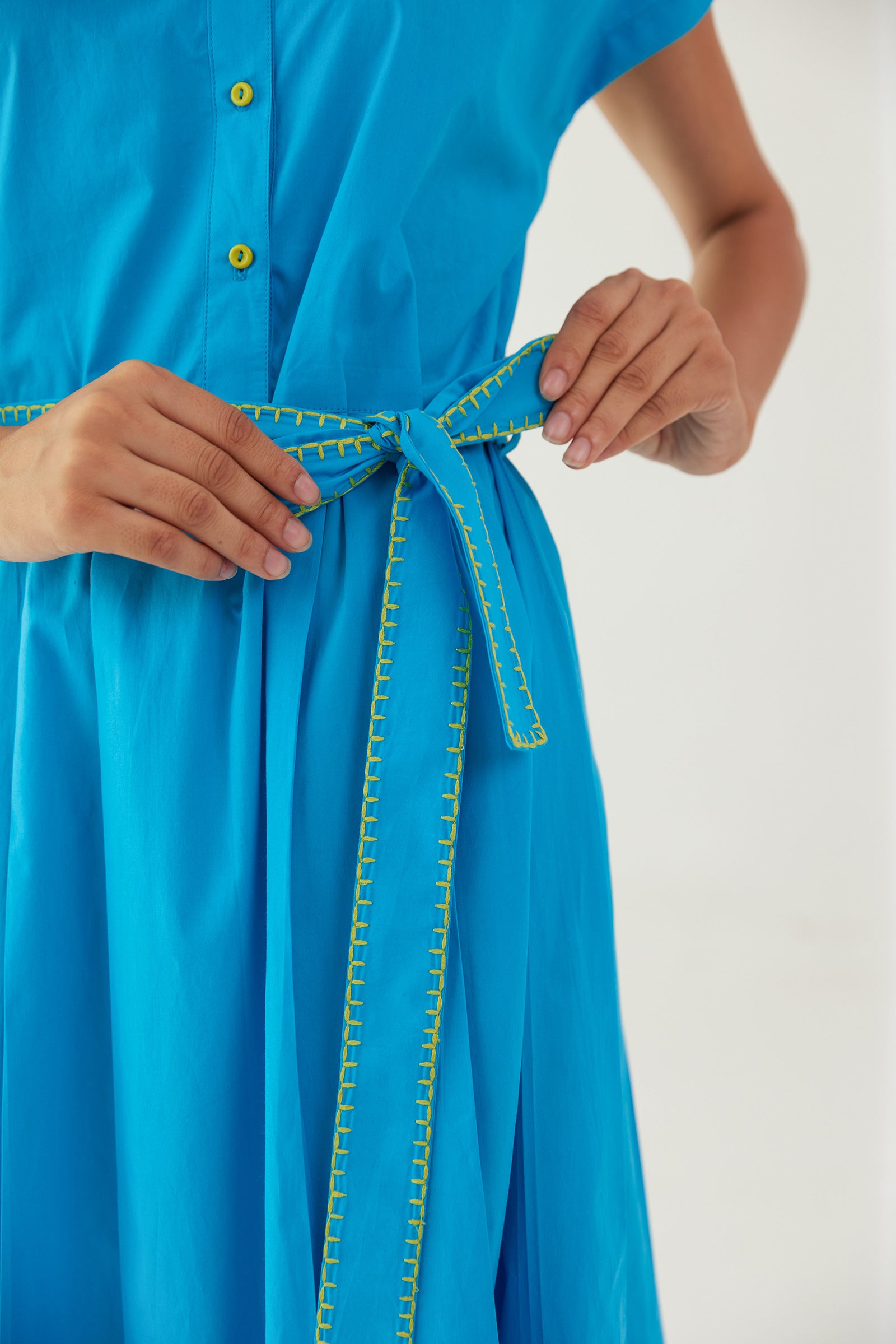 FROST BLUE POPLIN SHIRT DRESS WITH EMBROIDERED BELT