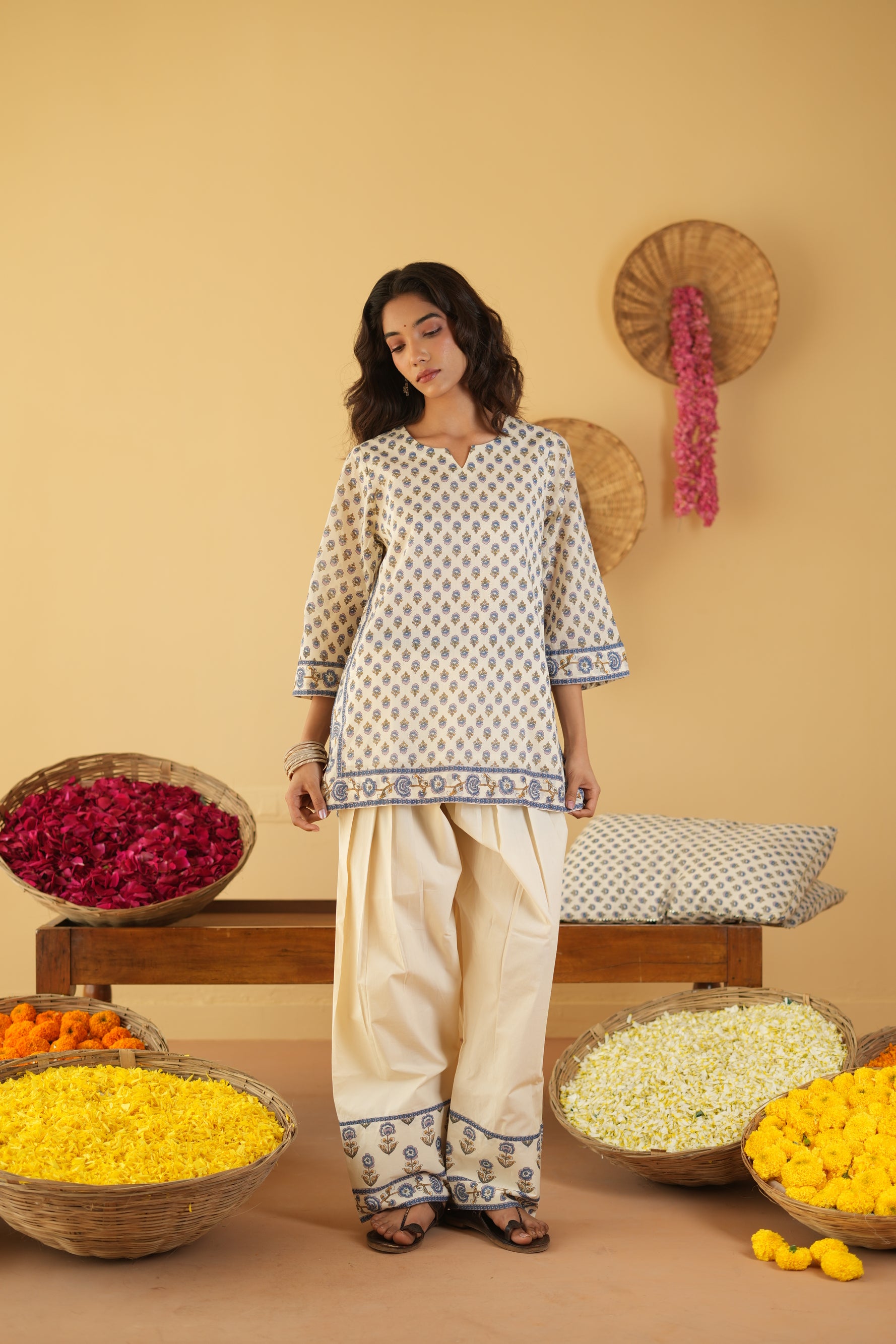 BLUE & OFF WHITE VANYA KURTA WITH FARSI SALWAR SET OF 3