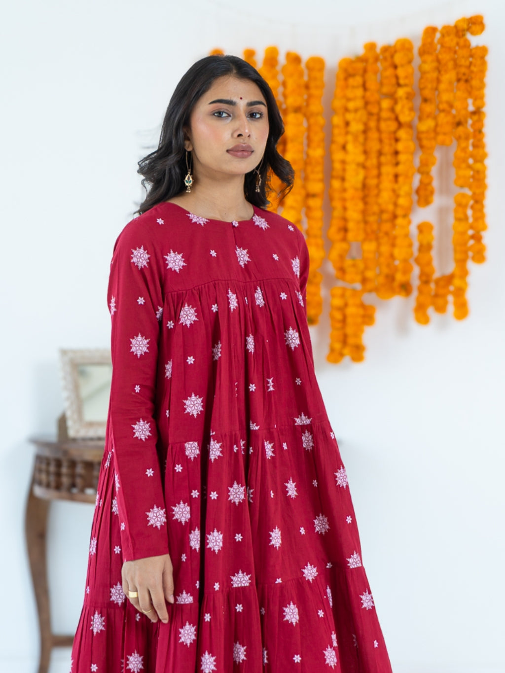 Kumkum Red Mul Cotton Tiered Anarkali Set (RTS)