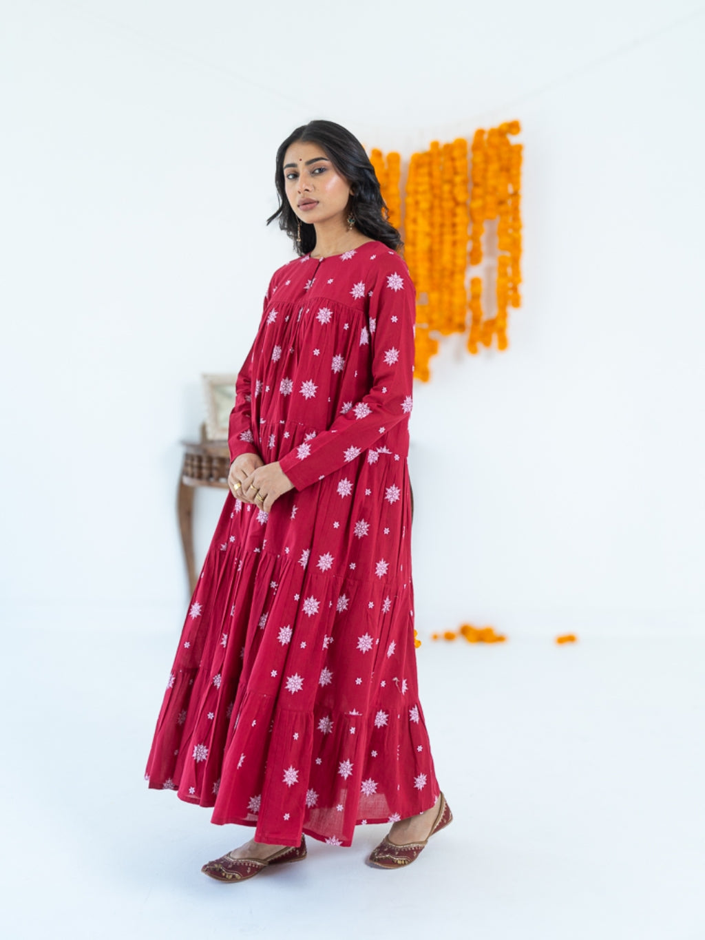 Kumkum Red Mul Cotton Tiered Anarkali Set (RTS)