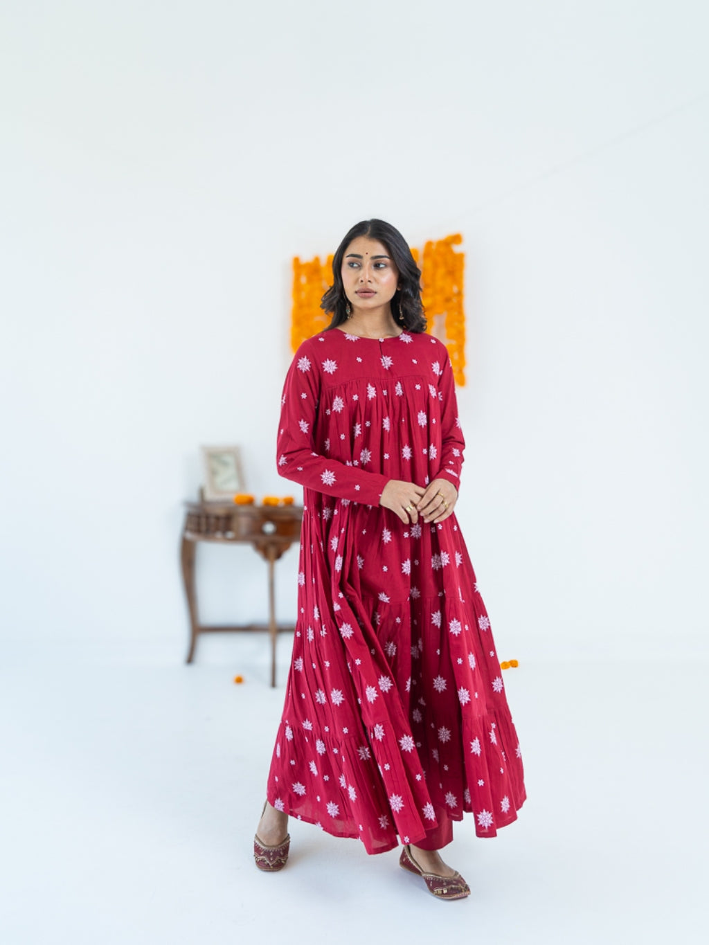 Kumkum Red Mul Cotton Tiered Anarkali Set (RTS)
