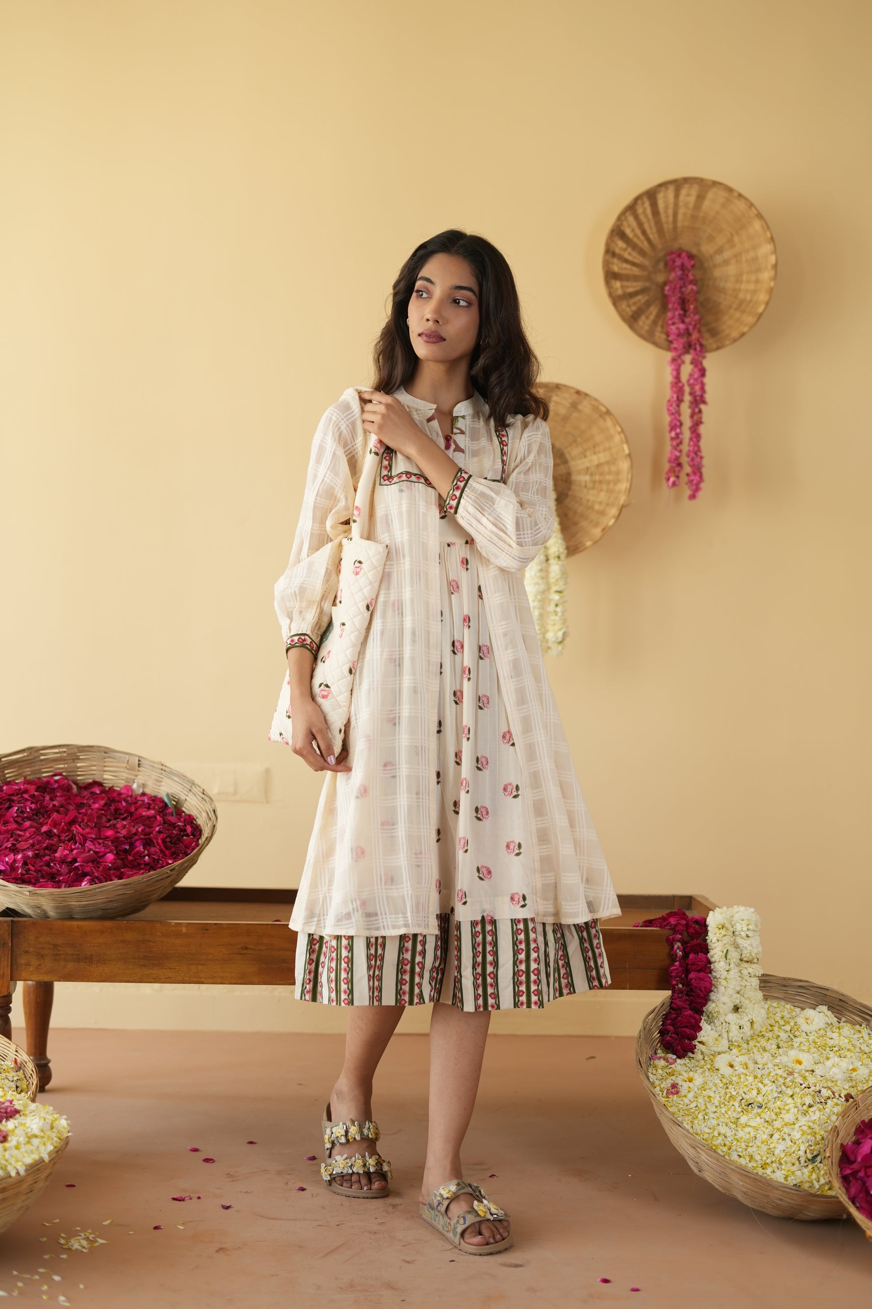 OFF WHITE PANKHUDI  DRESS WITH JACKET SET OF 2