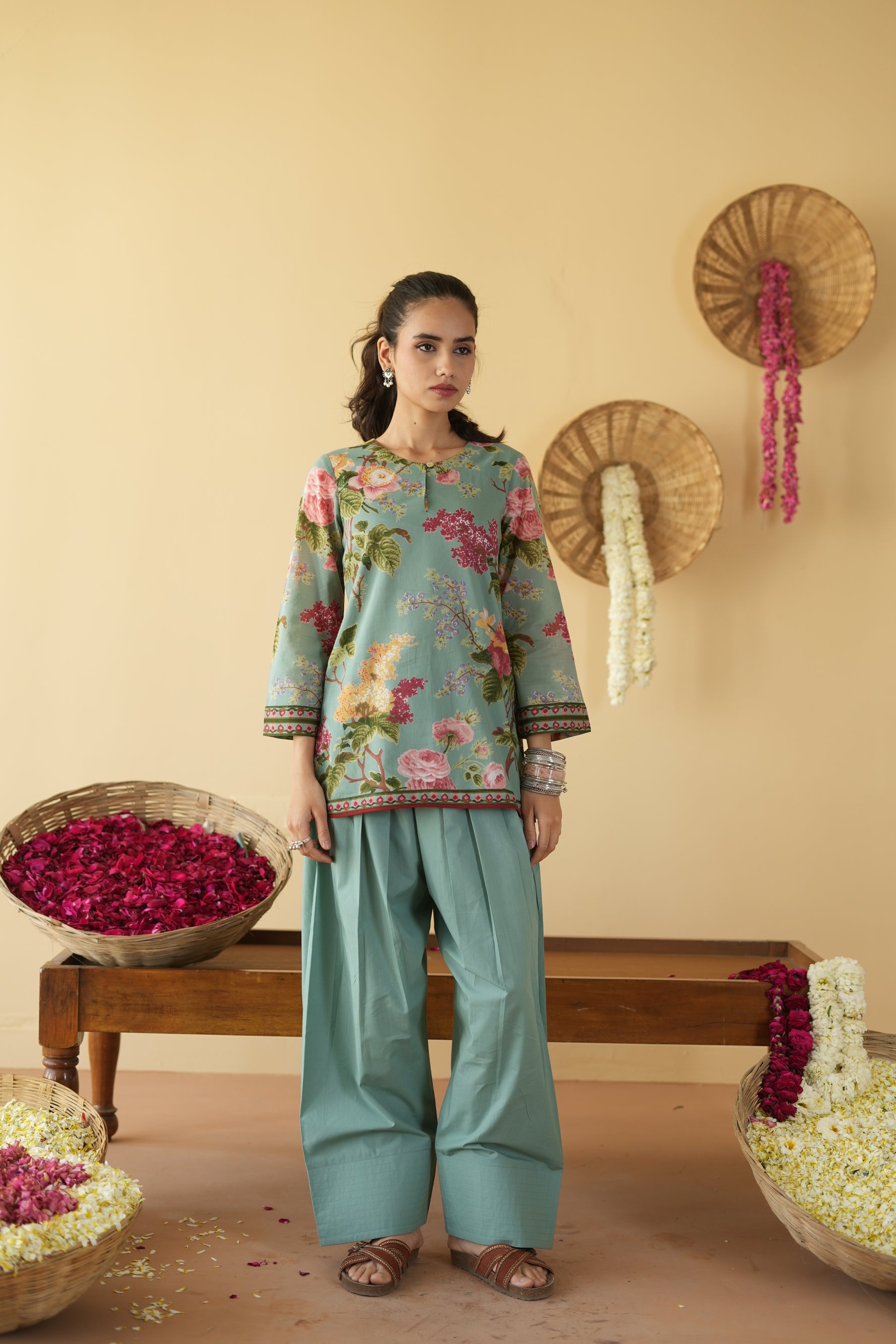 SAGE GREEN NEHER  KURTA WITH FARSI SALWAR  SET OF 2