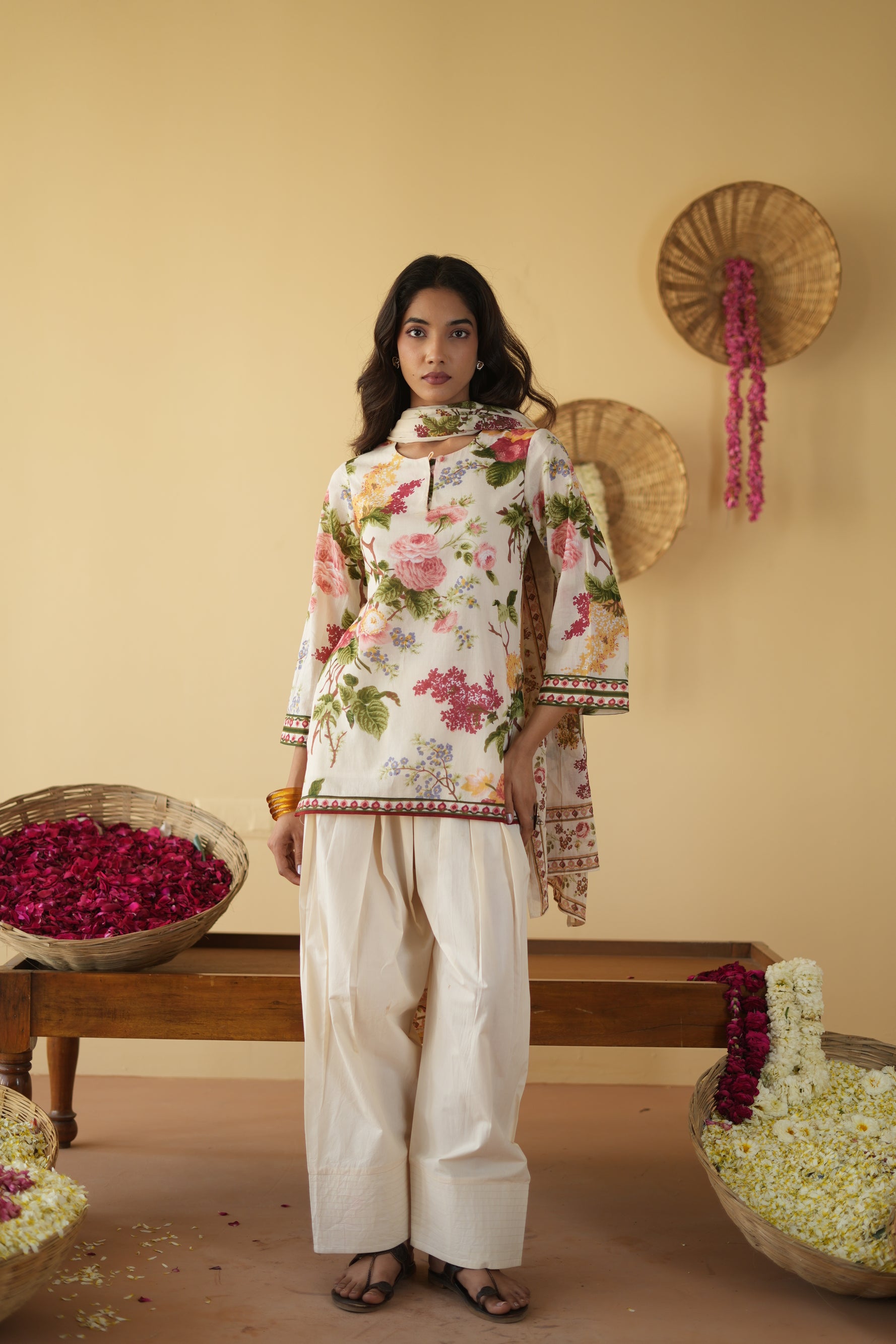 OFF WHITE  NEHER KURTA WITH FARSI SALWAR  SET OF 3