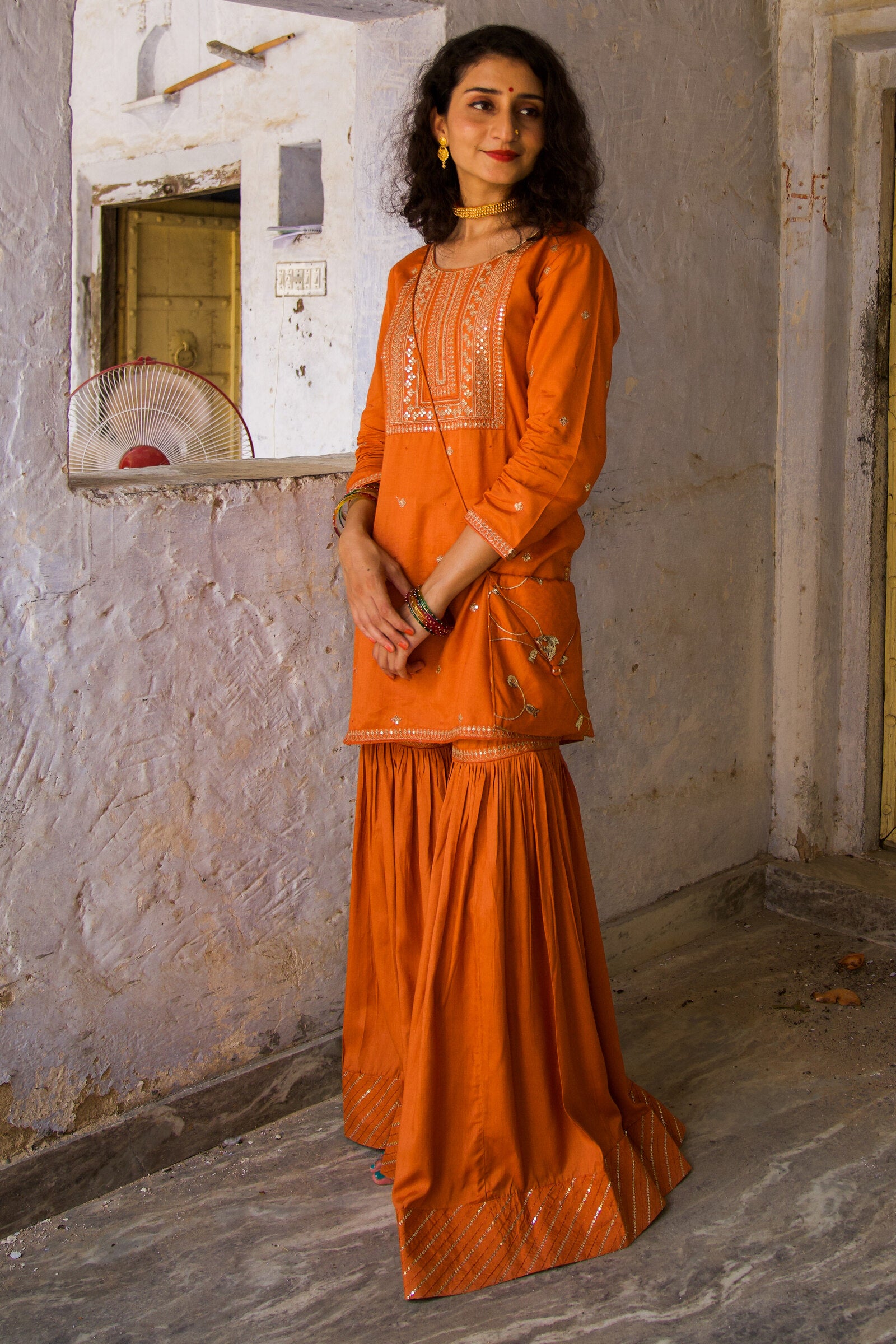 Ajab Orange Festive Embroidered Gharara Set